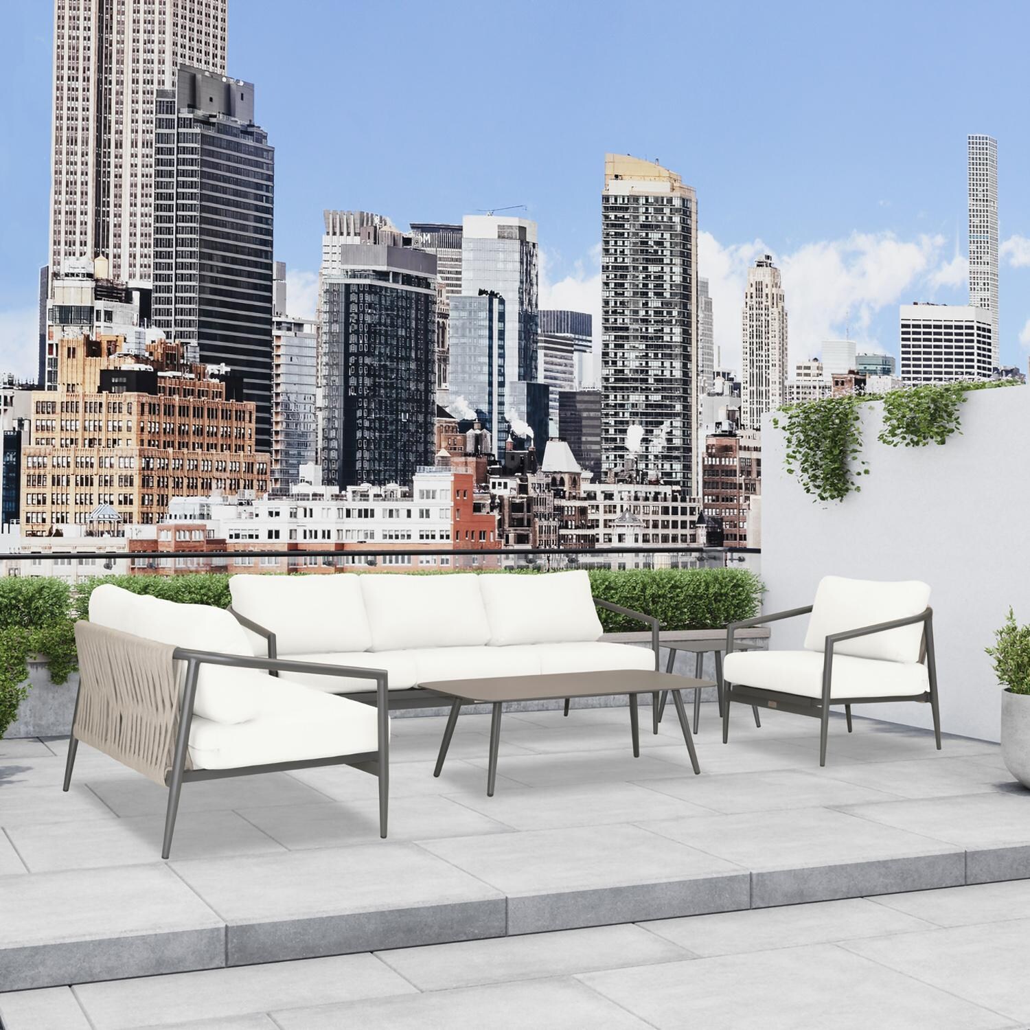 Lakeview Midnight Cove 5 Pc Aluminum Sofa Seating Set in Slate/Pebble Gray/Canvas Natural - Detail - Lifestyle thumbnail