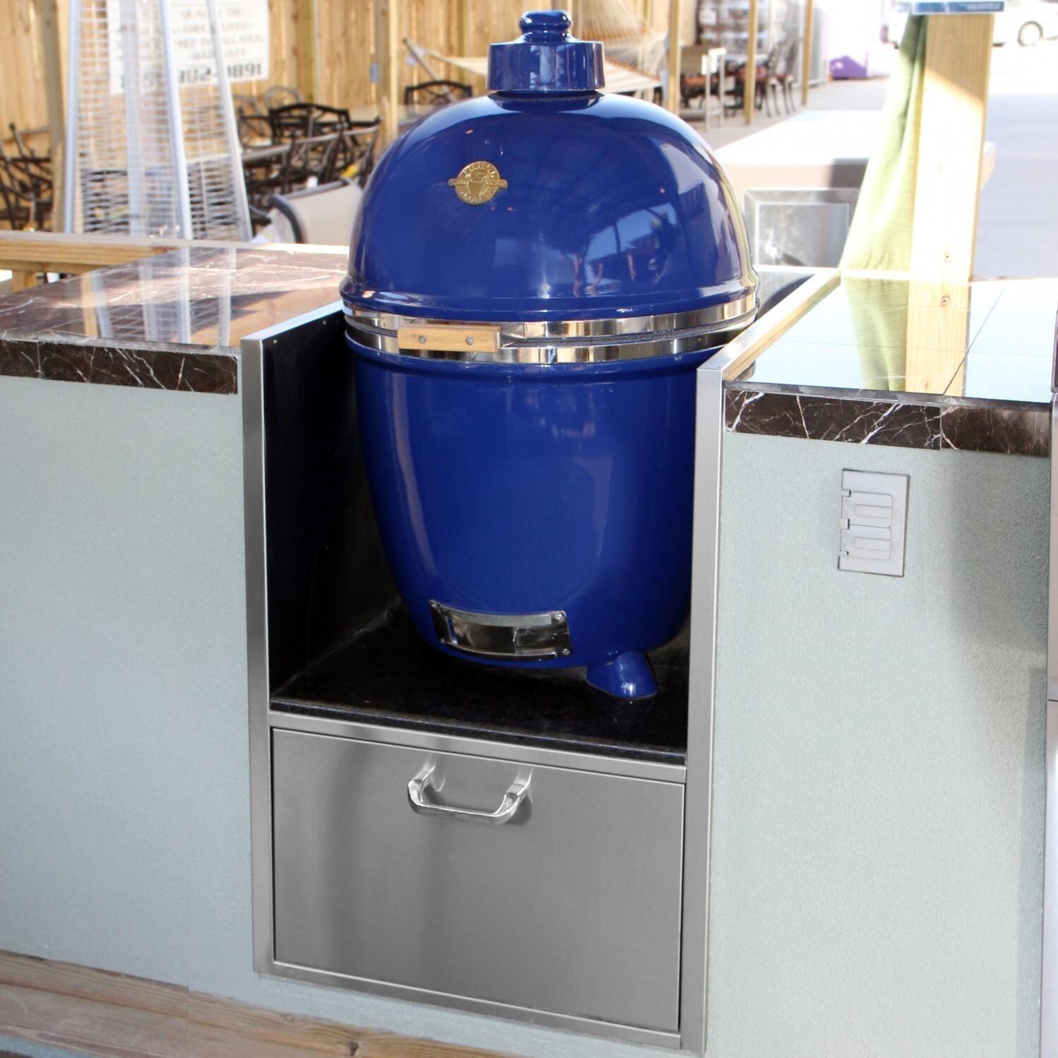 BBQGuys Signature BBQ-KMSLV-20 Built In Universal Kamado Sleeve With Drawer - Shown With Kamado Grill (Not Included)