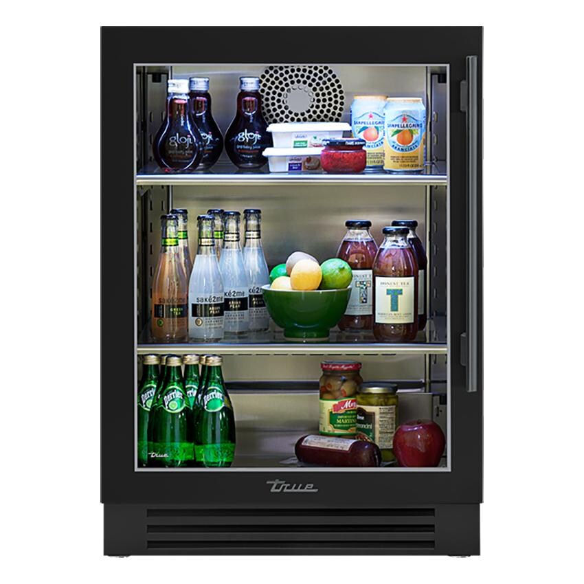 True 24 Inch 5.6 Cu. Ft. Left Hinge Glass Door Outdoor Refrigerator - Matte Black w/ Pewter Handles - TUR-24-L-OG-C~DSK-027-H05
