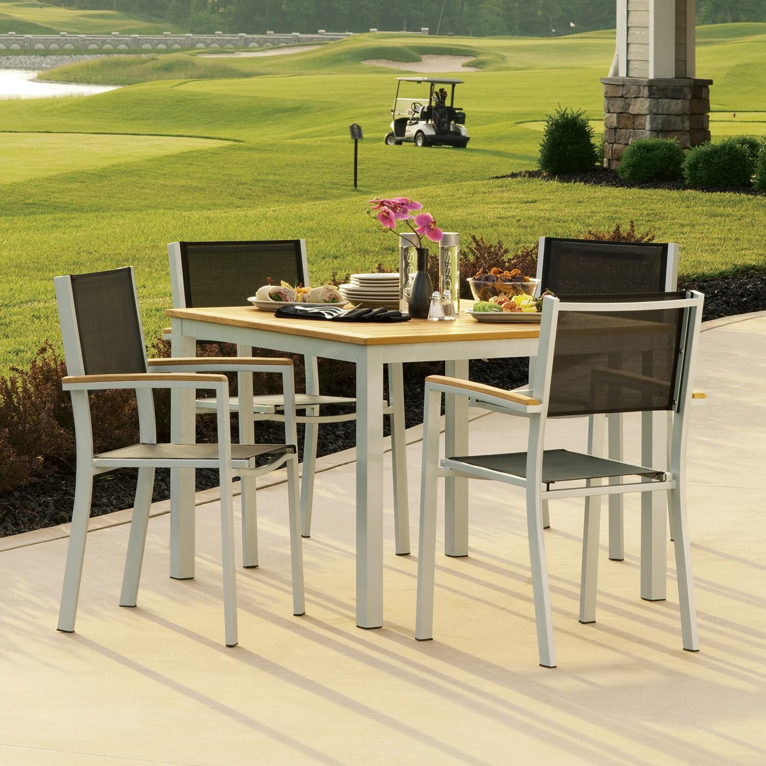 Oxford Garden 5068-PC.F Travira 5 Pc Aluminum Dining Set in Natural Tekwood/ Black Sling by Oxford Garden - On Patio - Lifestyle thumbnail