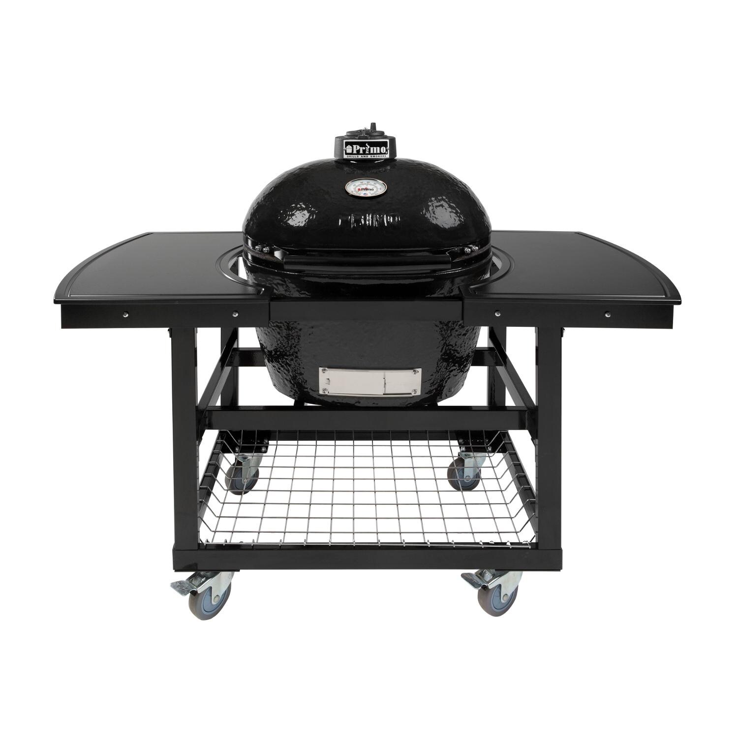 Primo Oval Large 300 Ceramic Kamado Grill On Steel Cart With 2-Piece Island Side Shelves And Stainless Steel Grates - 775 image