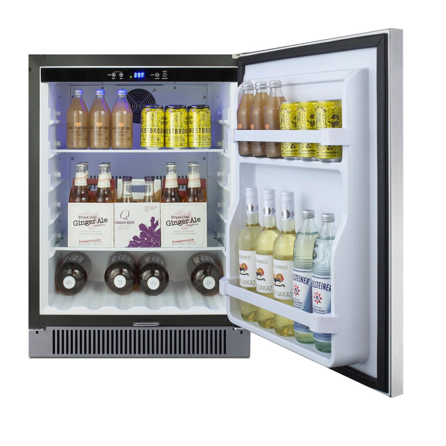 Summit FF65CSS 24 Inch 4.6 Cu. Ft. Outdoor Stainless Steel Refrigerator - Open W/ Beverages - White Background