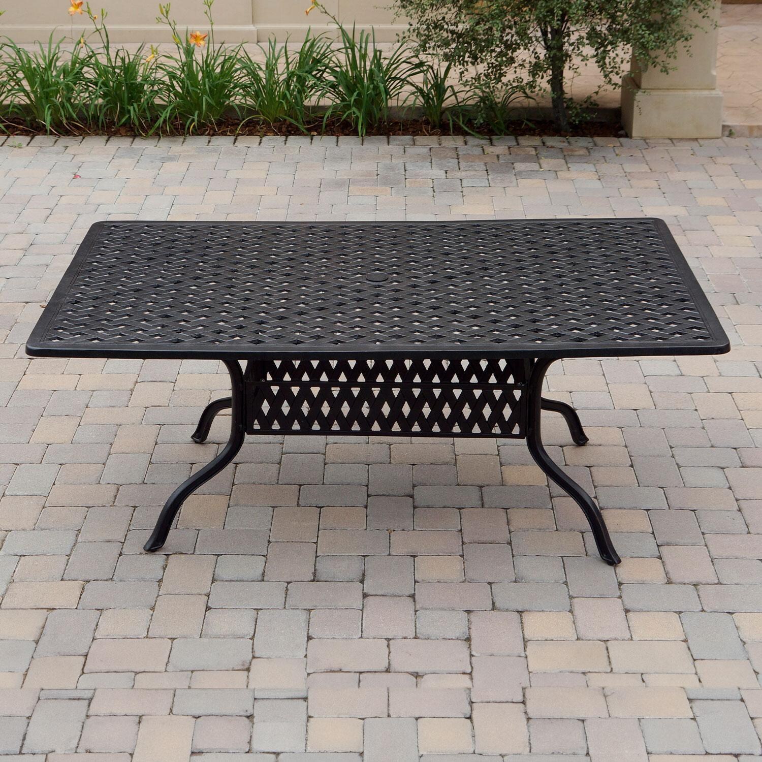 Nassau 7 Pc Cast Aluminum Patio Dining Set W/ 2 Swivel Rockers & Blue Cushions By Darlee - Dining Table - Back Patio - Lifestyle thumbnail