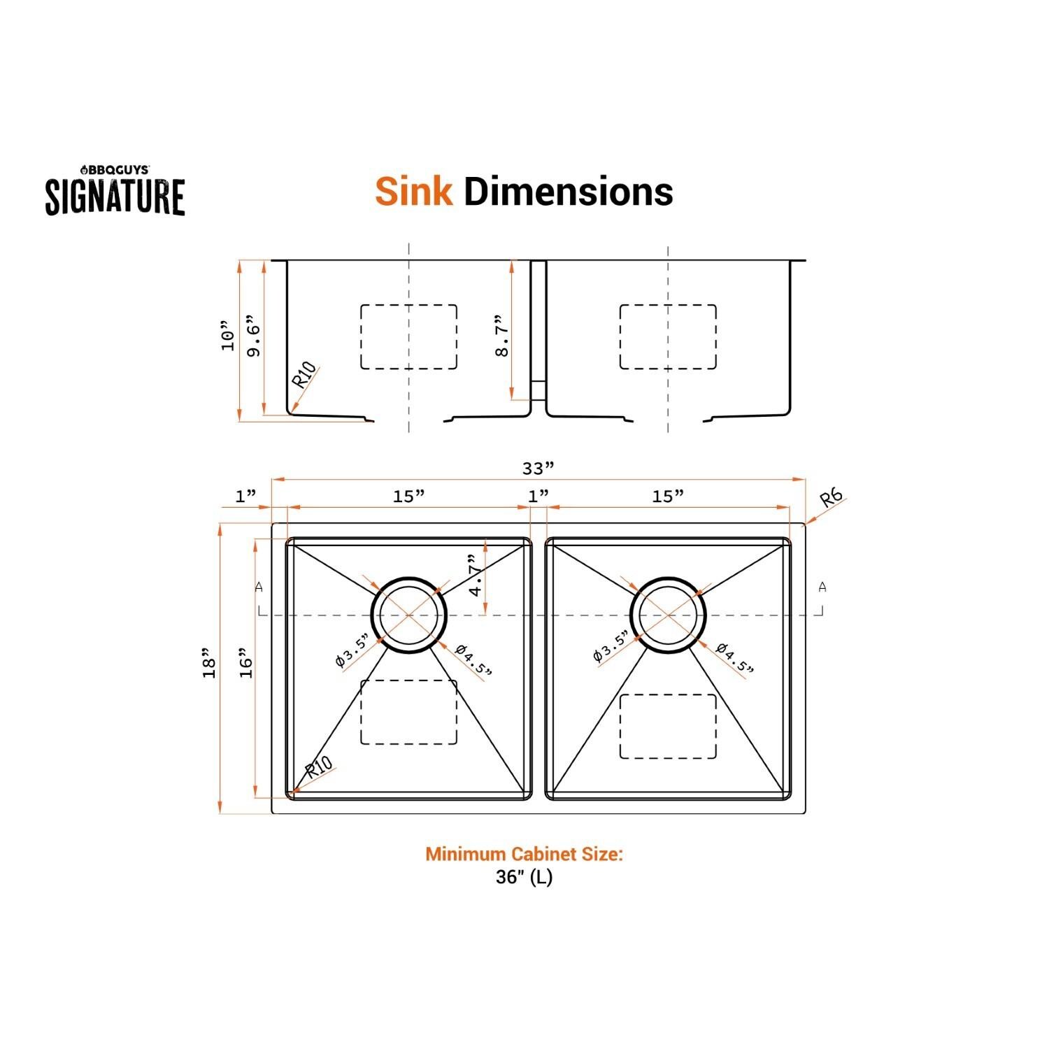 BBQGuys Signature Undermount Stainless Steel 33-Inch Double Bowl Sink W/Grids and Strainers - Dimensional thumbnail