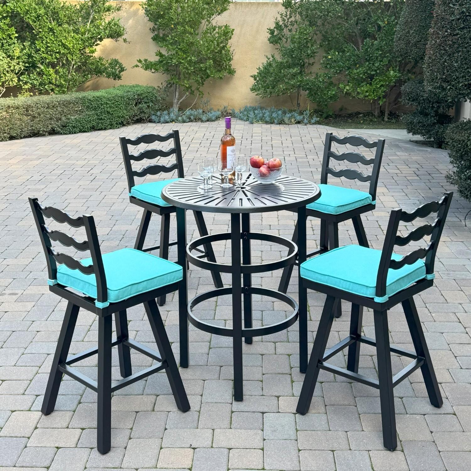 Aspen 4 Pc Aluminum Swivel Counter Height Bar Stool Set in Blue/Dark Brown by Darlee - Shown w/ Side Table (Not Included) - Lifestyle thumbnail