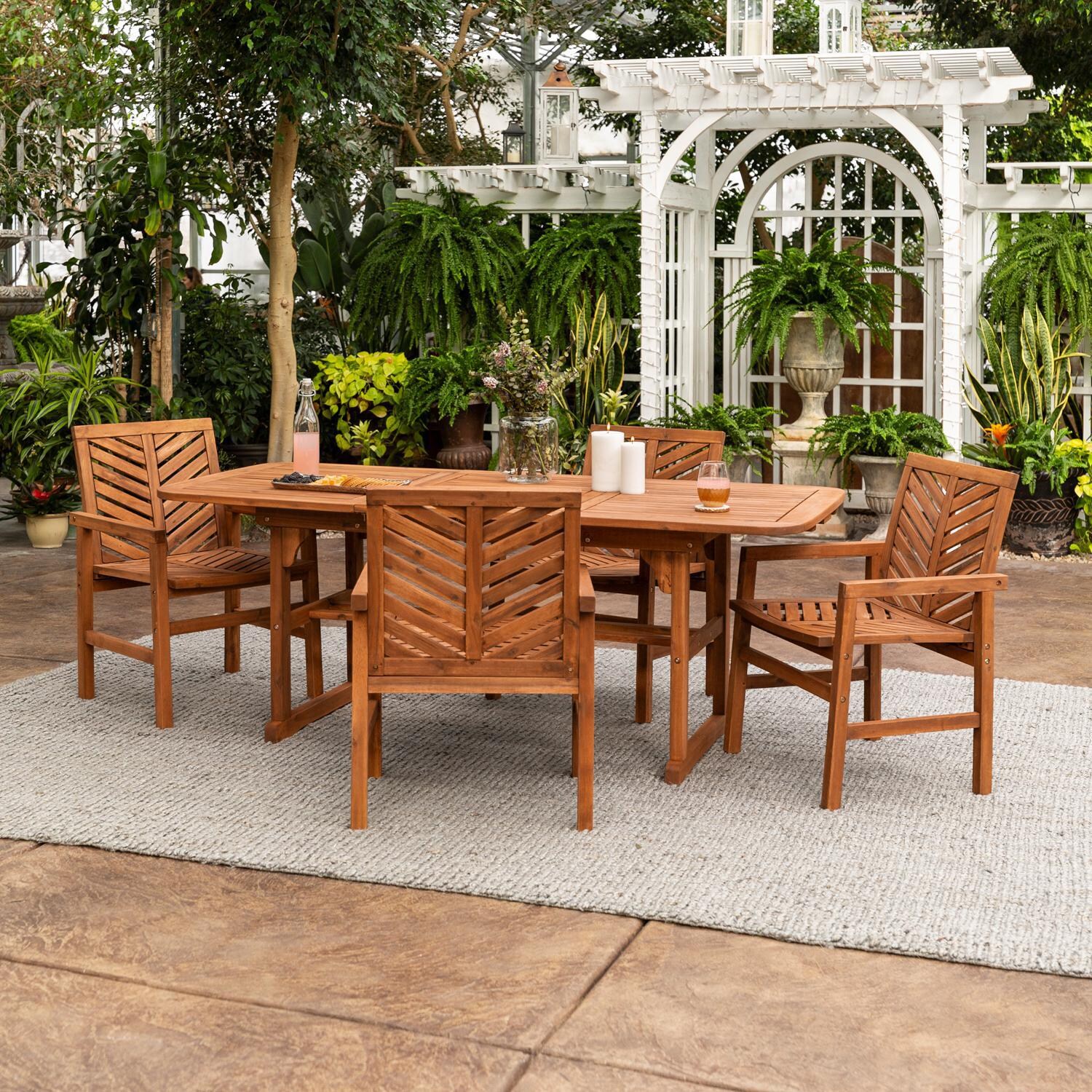 Walker Edison Vincent 5 Piece Acacia Patio Dining Set W/ 55-79 X 35 Inch Extension Rectangular Table - Brown image