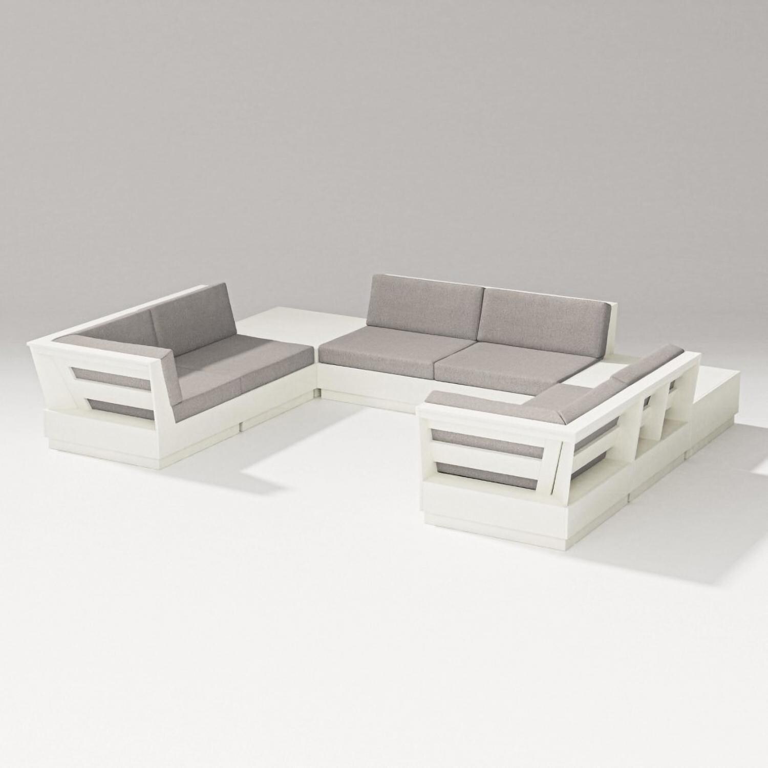 Elevate 8 Pc U-shaped Recycled Plastic Sectional Seating Set in Vintage White/Weathered Tweed By PW Designer Series - Set - White Background thumbnail