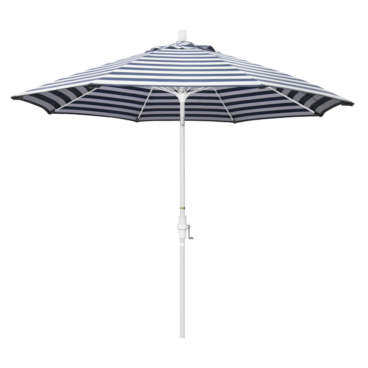 California Umbrella Sun Master Series 9 Ft Octagonal Aluminum Collar Tilt Patio Umbrella W/ Crank Lift & Fiberglass Ribs - Matted White Frame / Olefin Navy White Cabana Stripe Canopy image