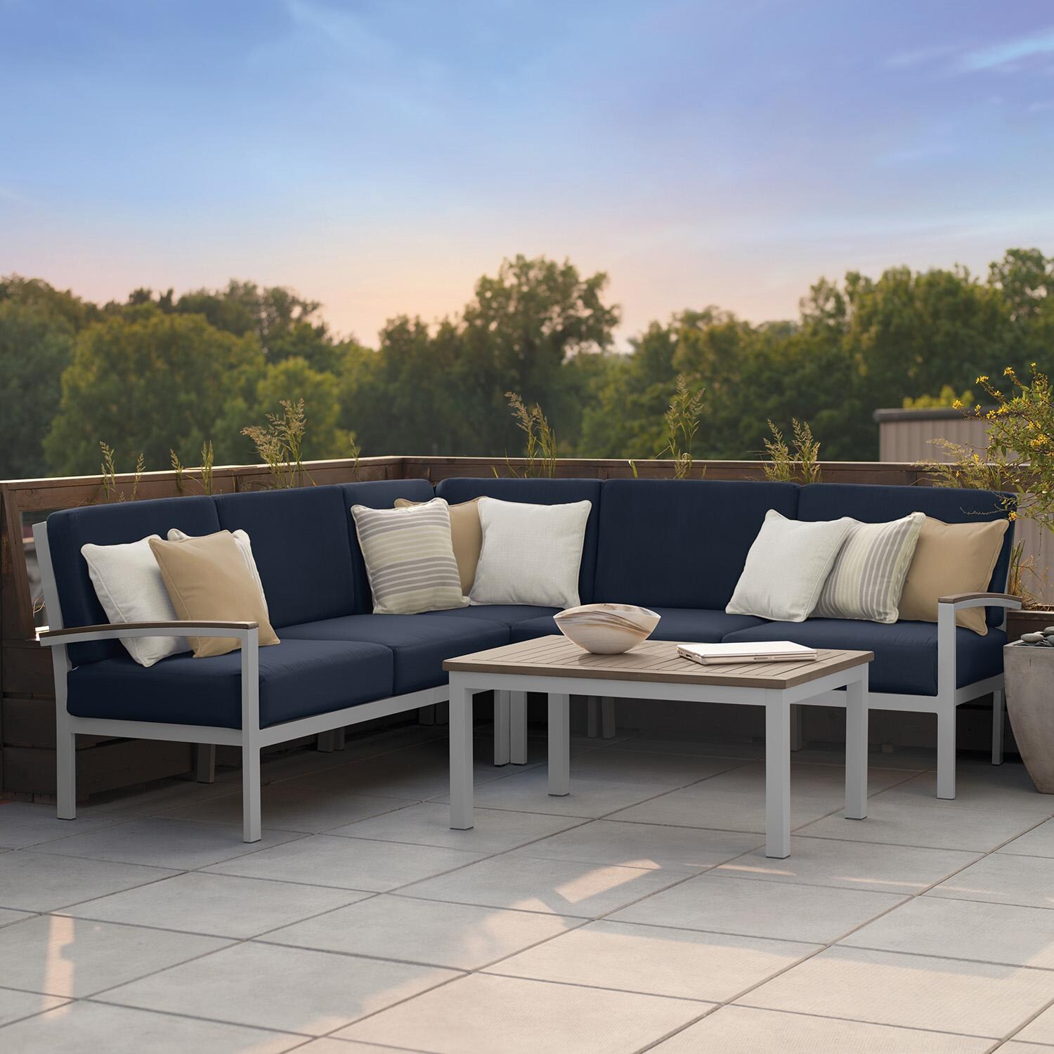 Travira 4 Pc Aluminum Seating Set w/ Coffee Table in Vintage Tekwood/ Midnight Blue by Oxford Garden