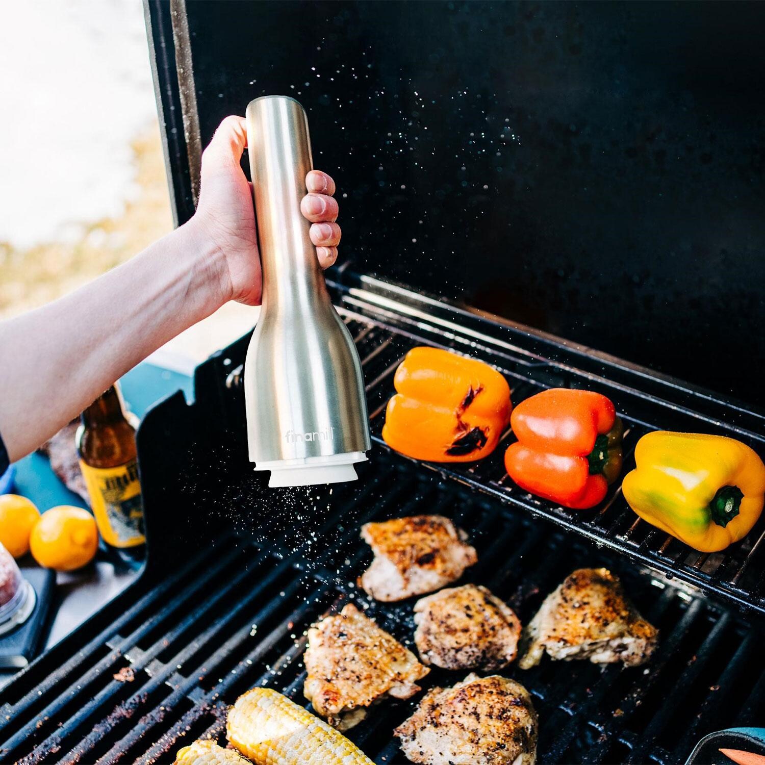 FinaMill GP181134-12SSP+3x's FM132-1 + 2x's FMA101-1 + FM134-1 Rechargeable Staineless Steel Spice Grinder MAX Pack W/ Three MAX Spice Pods, Two Spice Pod Trays, & Plus Spice Rod - Seasoned Burgers W/ Spice Grinder - Lifestyle thumbnail