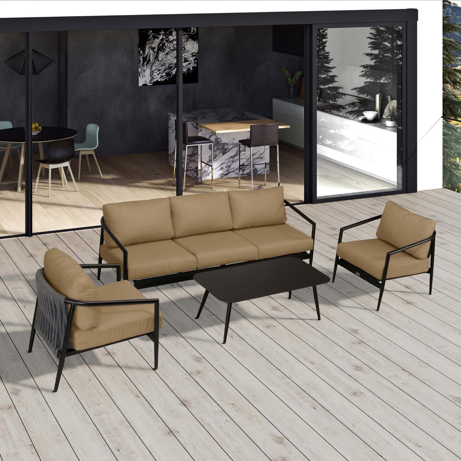 Lakeview Midnight Cove 4 Pc Aluminum Sofa Seating Set in Black/Carbon/Heather Beige - Top - Lifestyle thumbnail