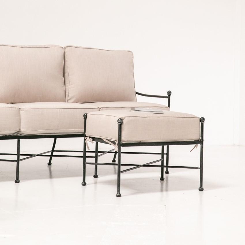 Provence Wrought Iron Ottoman w/ Self Welt in Pewter/Canvas Granite by Sunset West - Ottoman Next to Sofa - White Background thumbnail