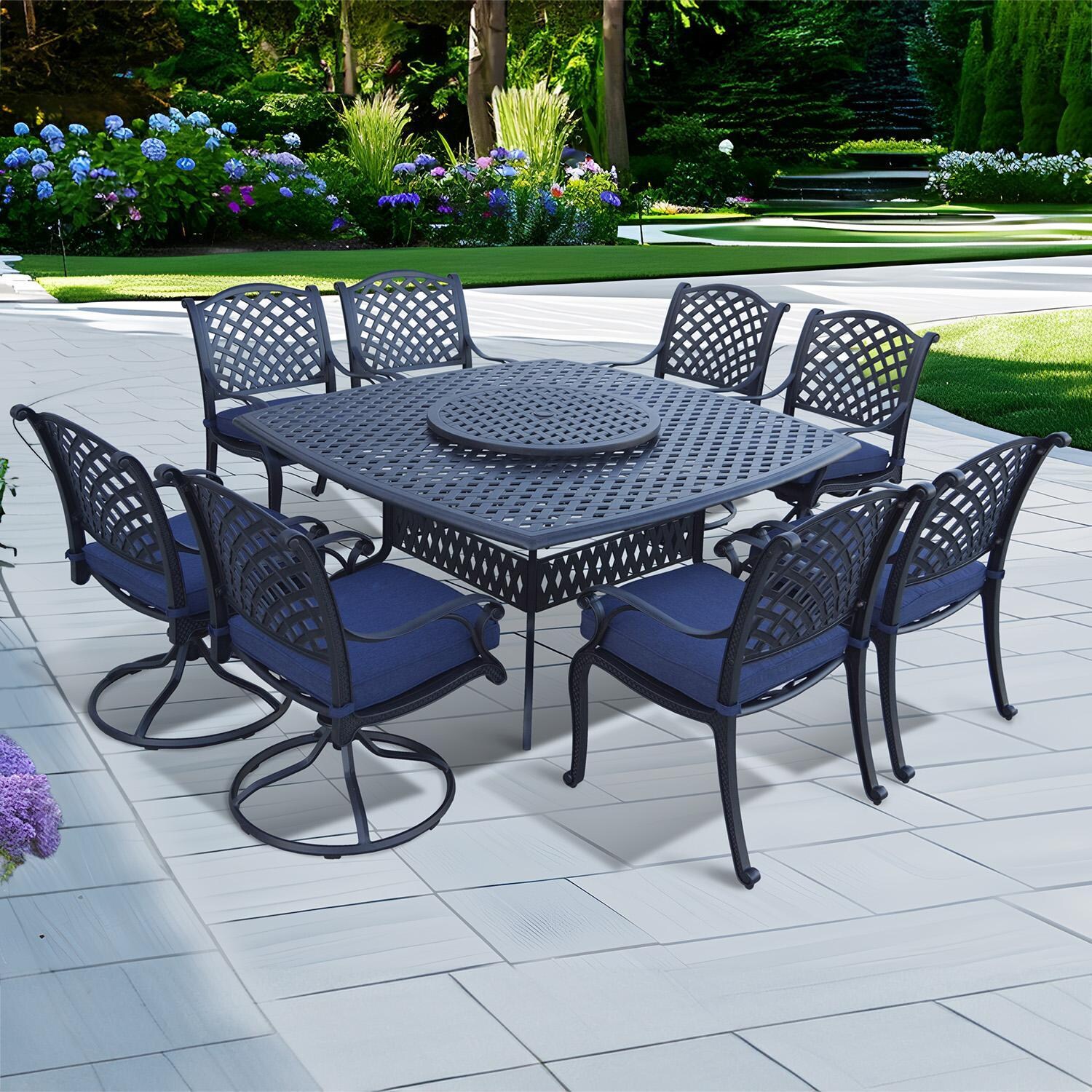 Darlee Nassau 10-Piece Patio Dining Set (with Swivel Rockers) with Navy Blue Cushions and 64 Inch Square Dining Table and Lazy Susan - Set - Lifestyle thumbnail