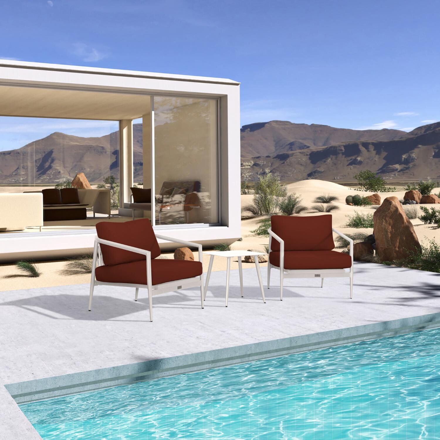 Lakeview Midnight Cove 3 Pc Aluminum Club Chair Seating Set in Urban Stone/Carrera/Canvas Henna - Angled - Lifestyle thumbnail