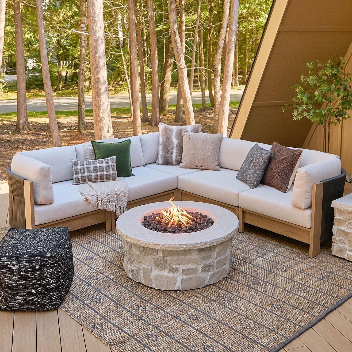 Heritage Outdoor 5 Pc Modular Sectional Sofa in Beechwood W/ Sunbrella Cushions by Lakeview Outdoor Designs - Patio - W/ Fire Pit (Sold Separately) - Lifestyle thumbnail