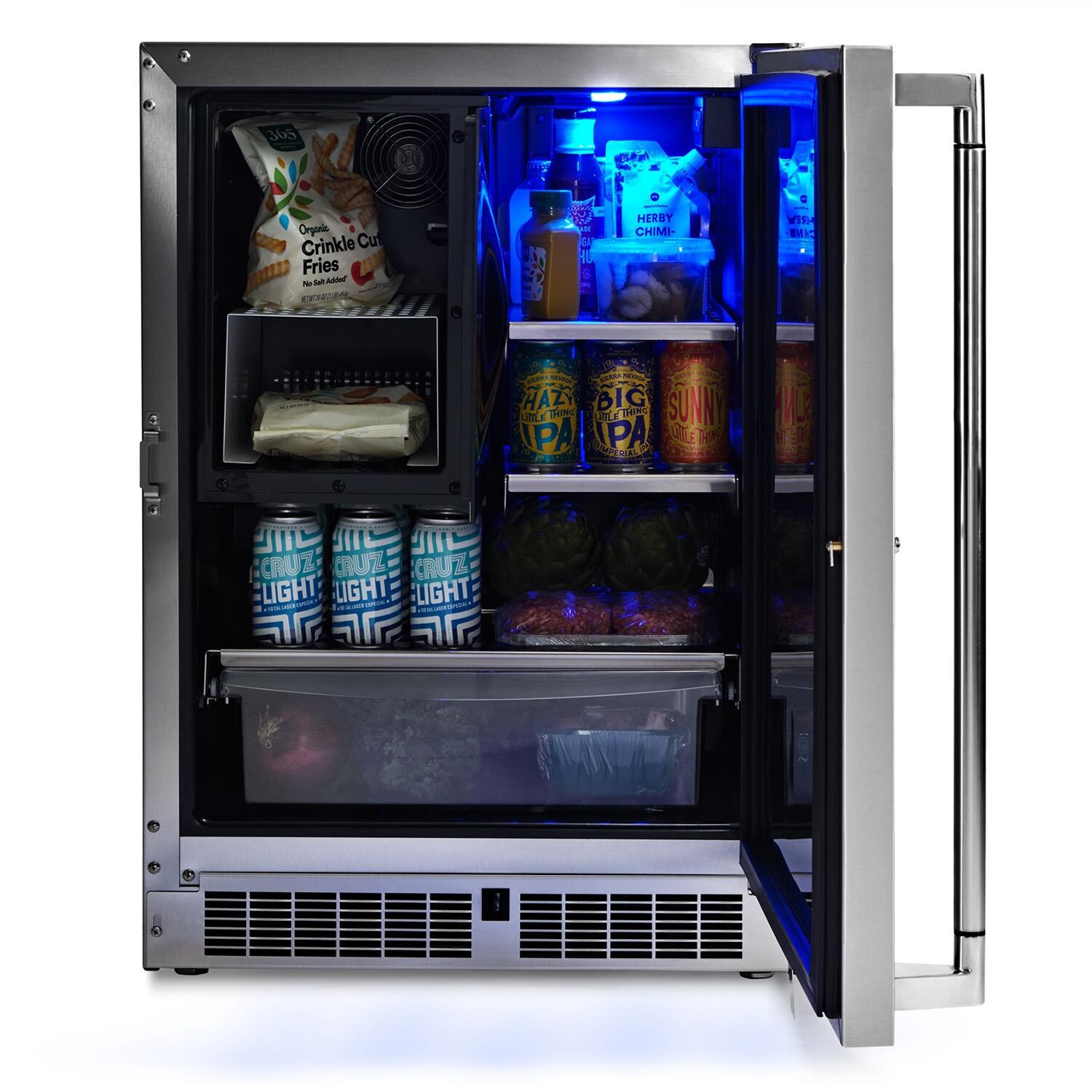 Lynx LN24REFC 24-in 4.9 Cu. Ft. Outdoor Refrigerator / Freezer w/ Lock - Door Open w/ Food - White Background thumbnail