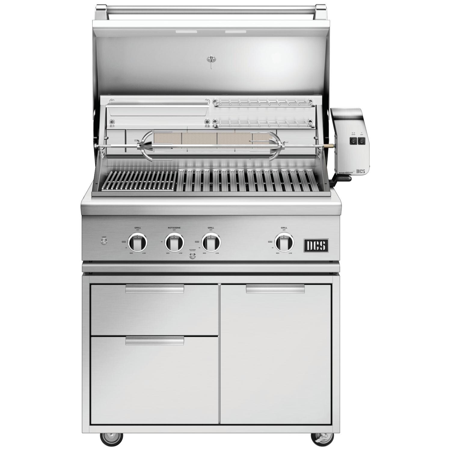 DCS BE1-36RC-N + CAD1-36E Series 9 Evolution 36-Inch Natural Gas Grill With Rotisserie - Hood Open