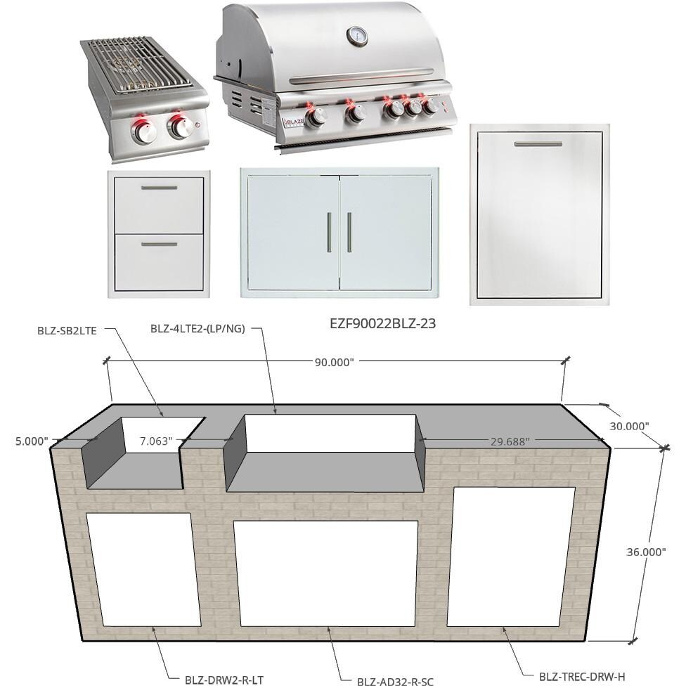 EZ Finish Systems 7 1/2 Ft Ready to Finish Outdoor Kitchen Island w/ Blaze LTE 32-Inch Natural Gas Grill & Side Burner