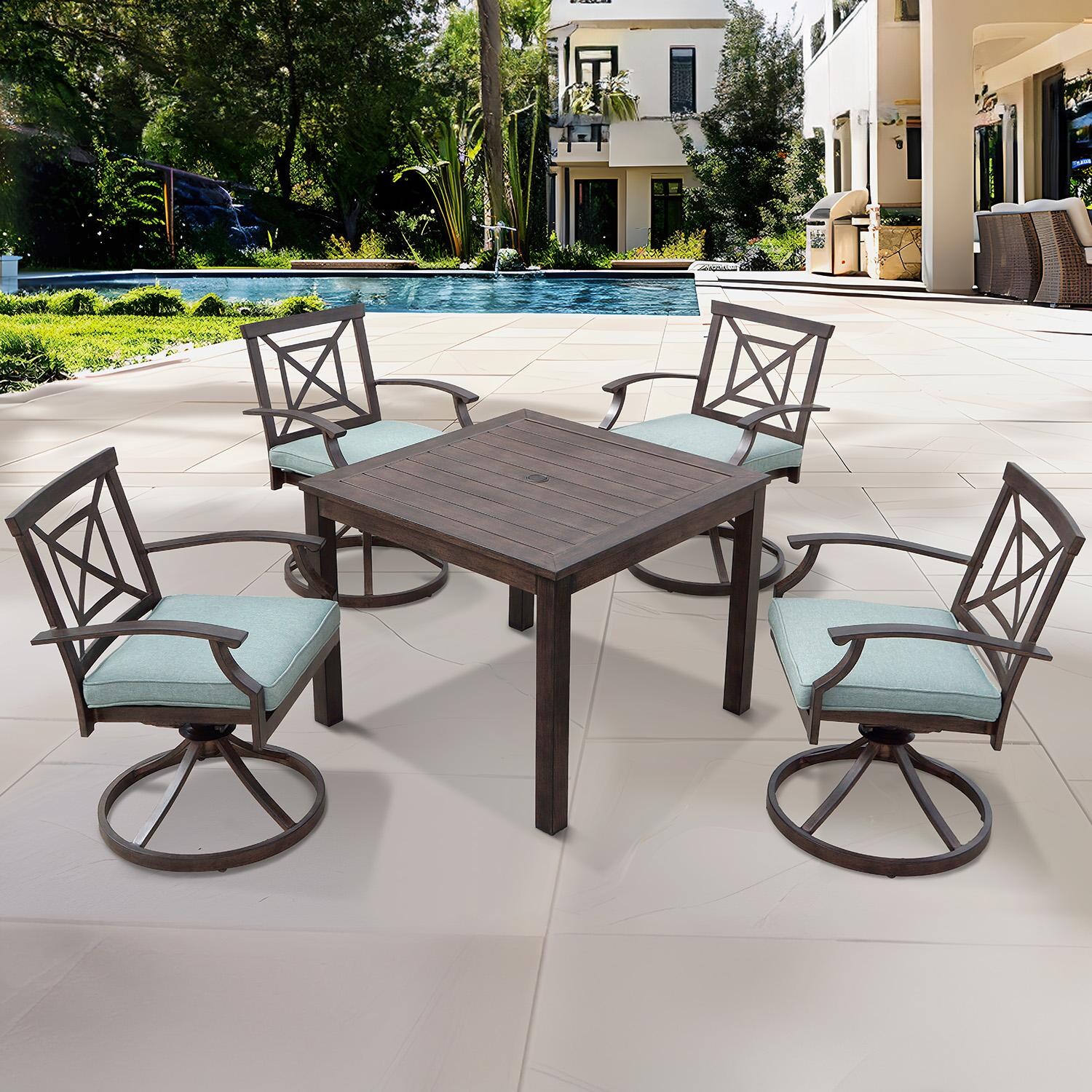 Atlantis 5 Pc Aluminum Dining Set w/ 37 Inch Table & Swivel Rockers in Walnut/Spa by Darlee