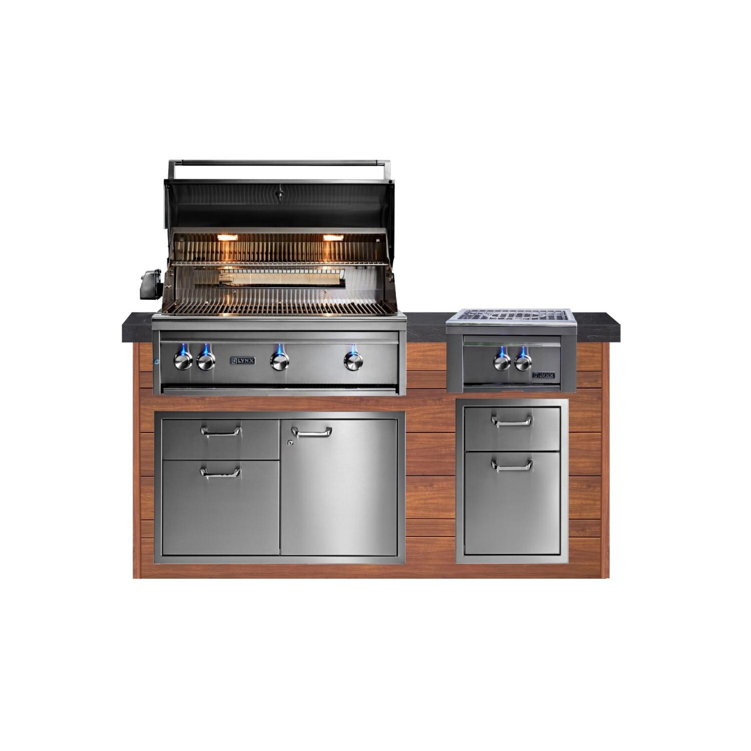 BBQGuys Signature 6ft Luxury Outdoor Kitchen w/ Lynx Professional 36-Inch Natural Gas Grill & Power Burner - Light National Walnut Aluminum w/ Black Polished Granite - White Background thumbnail