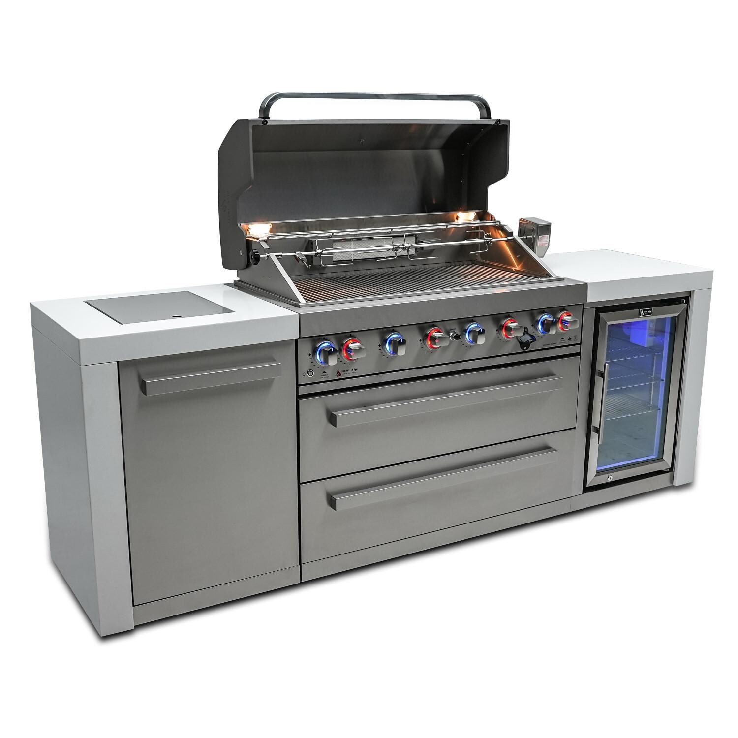 Mont Alpi MAi805-DFC Deluxe Propane Gas Island Grill W/ Refrigerator Cabinet - Open From Left - White Background