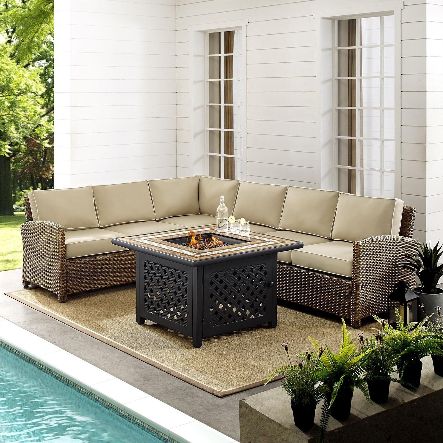Ultimate Patio UP-92391-SA 5Pc Wicker Outdoor Sectional Set W/ Fire Table in Sand - By The Pool - Lifestyle thumbnail