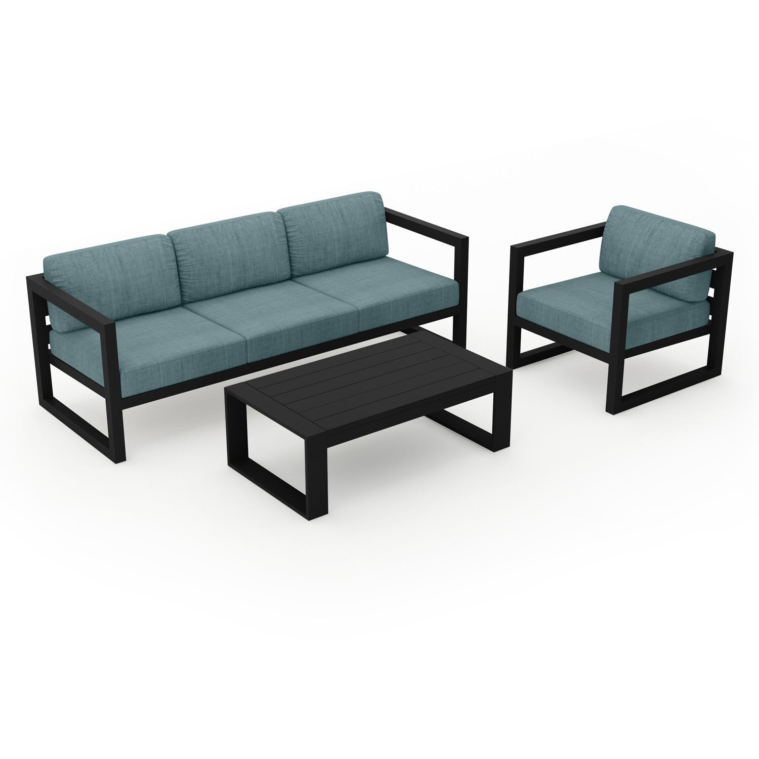 Lakeview MSTYCV-BK-3SS-CL Misty Cove 3 Pc Aluminum Seating Set in Black w/Portal Coffee Table & Cast Lagoon Cushions by Lakeview Outdoor Designs - Set Angled View - White Background thumbnail
