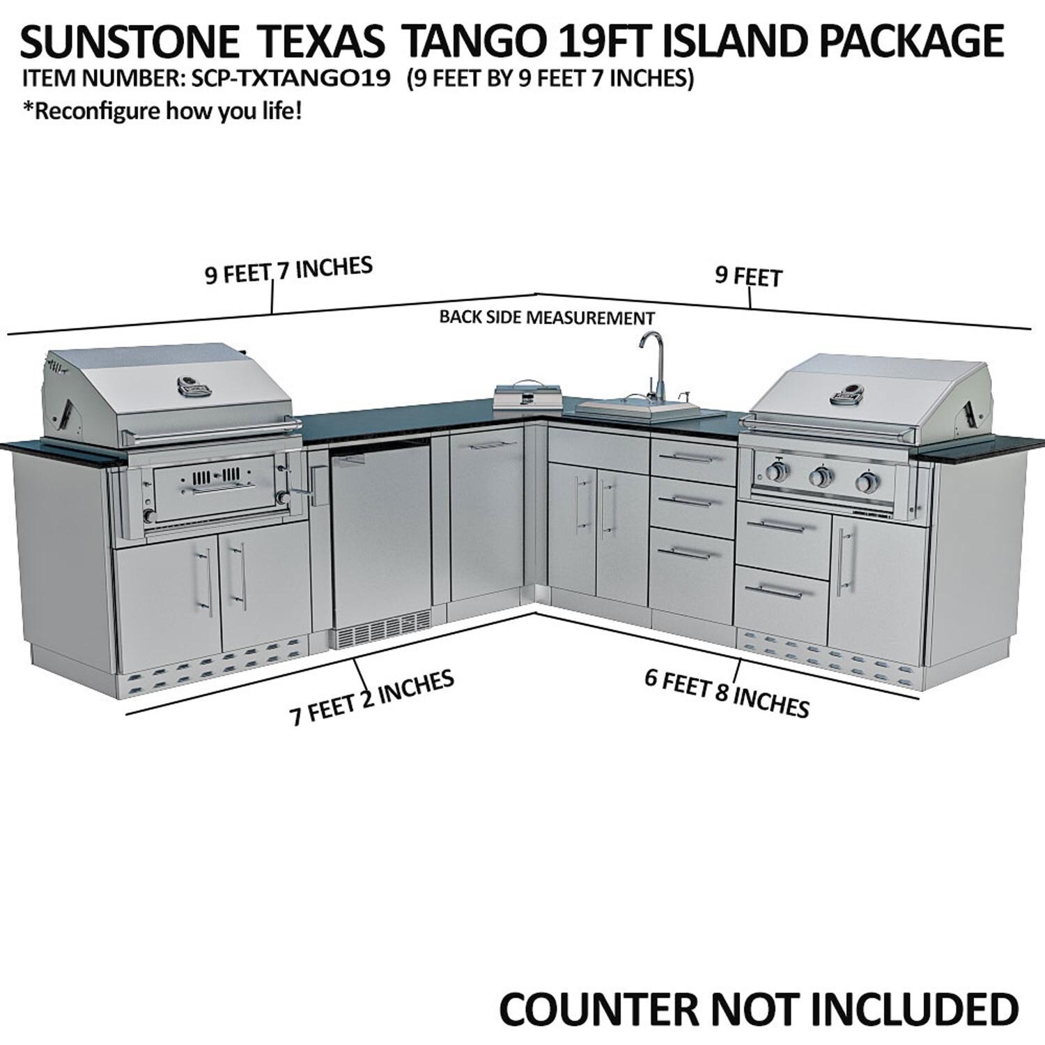 Sunstone Grills SCPTXTANGO19-NG Texas Tango 19 Ft Outdoor Kitchen Island w/ Natural Gas Grill & Side Burner, Sink, Refrigerator, Trash Bin, Door & Drawer - Dimensions - Dimensional thumbnail