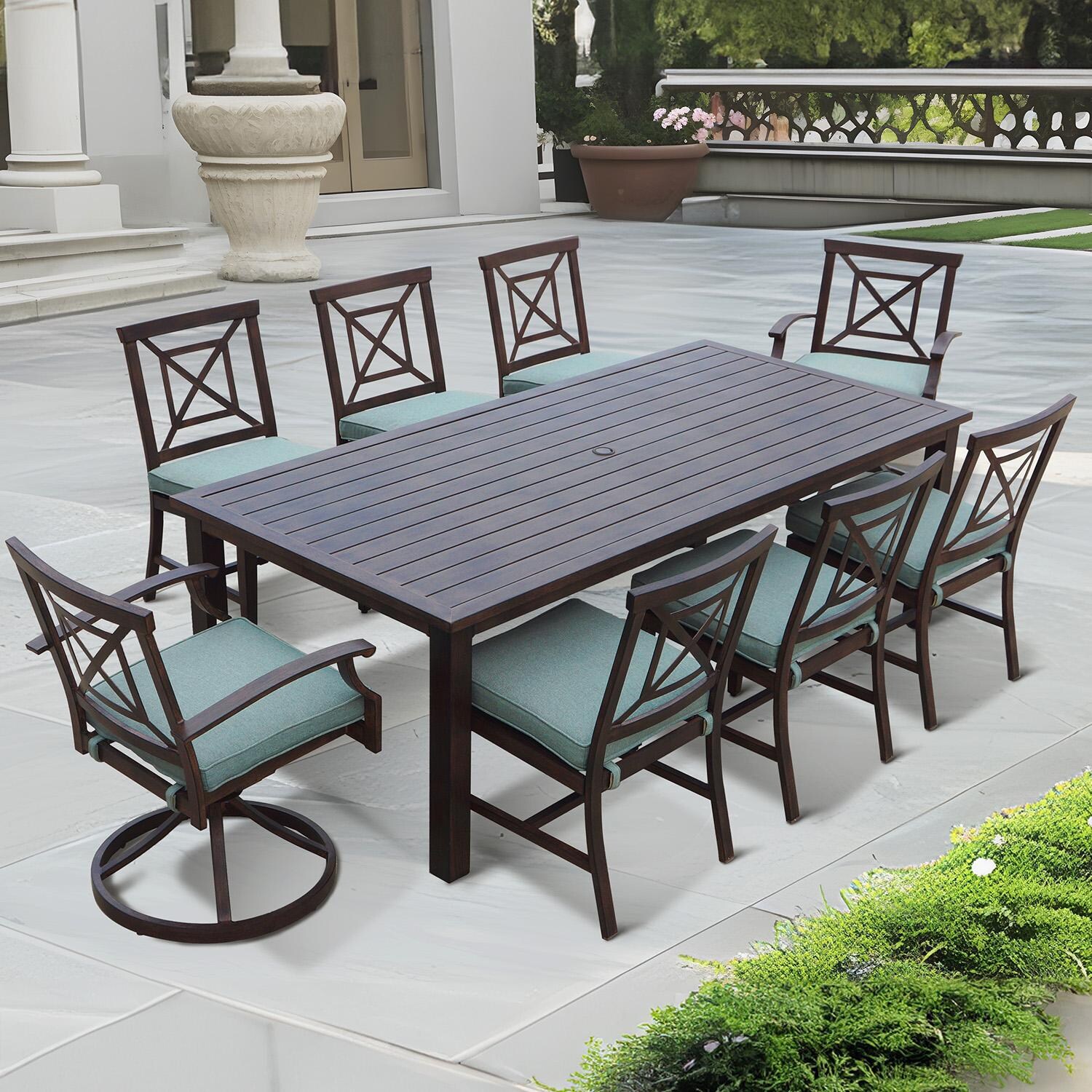 Atlantis 9 Pc Aluminum Dining Set w/ 88 Inch Table, Swivel Rockers, and Spa Cushions in Walnut By Darlee - Lifestyle thumbnail