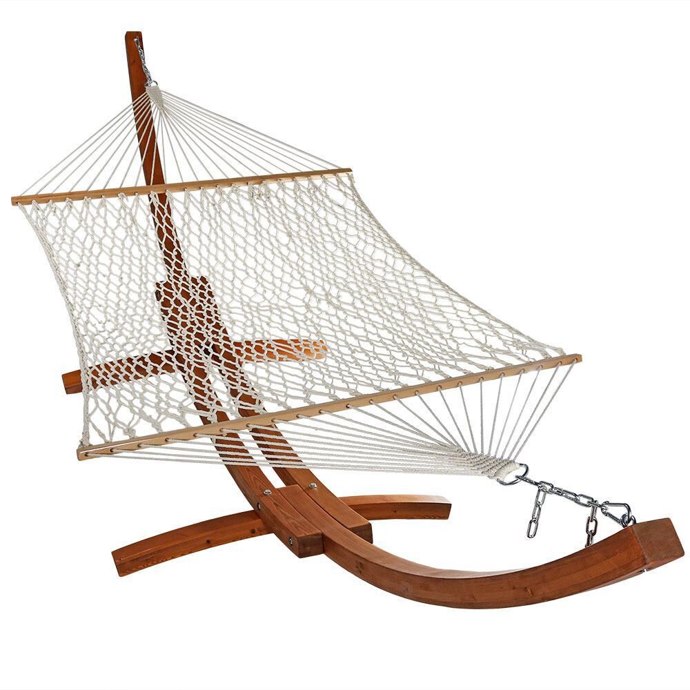 Ultimate Patio Classic Double Rope Hammock w/ 13-Foot Wood Stand - White thumbnail