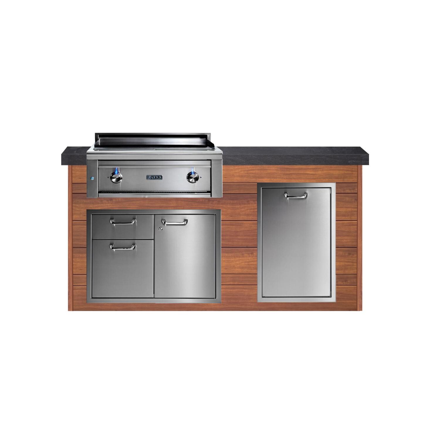 BBQGuys Signature 6ft Luxury Outdoor Kitchen w/ Lynx Professional 30-Inch Propane Asado Grill - Light National Walnut Aluminum w/ Black Polished Granite - White Background thumbnail