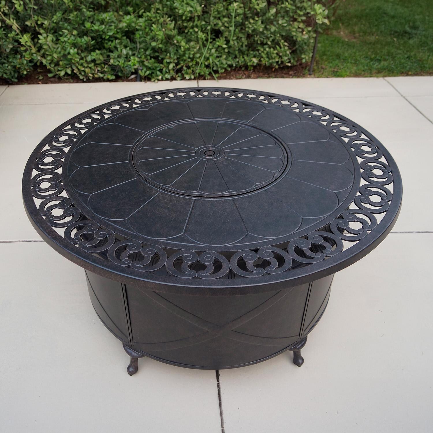 Darlee Elisabeth 5 Pc Cast Aluminum Fire Pit Seating Set w/ 47 Inch Table Throw Pillows in Antique Bronze/Beige - Table - Lifestyle thumbnail