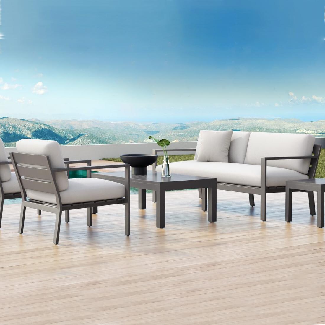 Sunset West - Mesa 5 Piece Aluminum Patio Conversation Set W/ Coffee Table, End Table, & Sunbrella Cast Pumice Cushions thumbnail