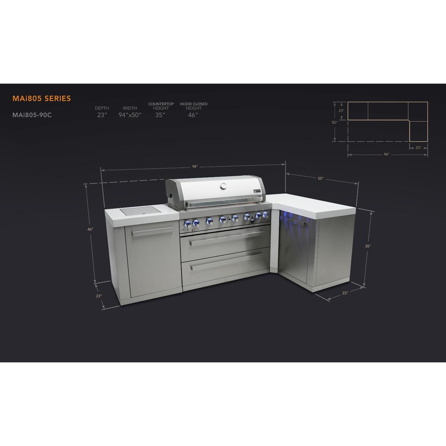Mont Alpi MAi805-90 805 Propane Island W/ 90 Degree Corner - Dimensions thumbnail