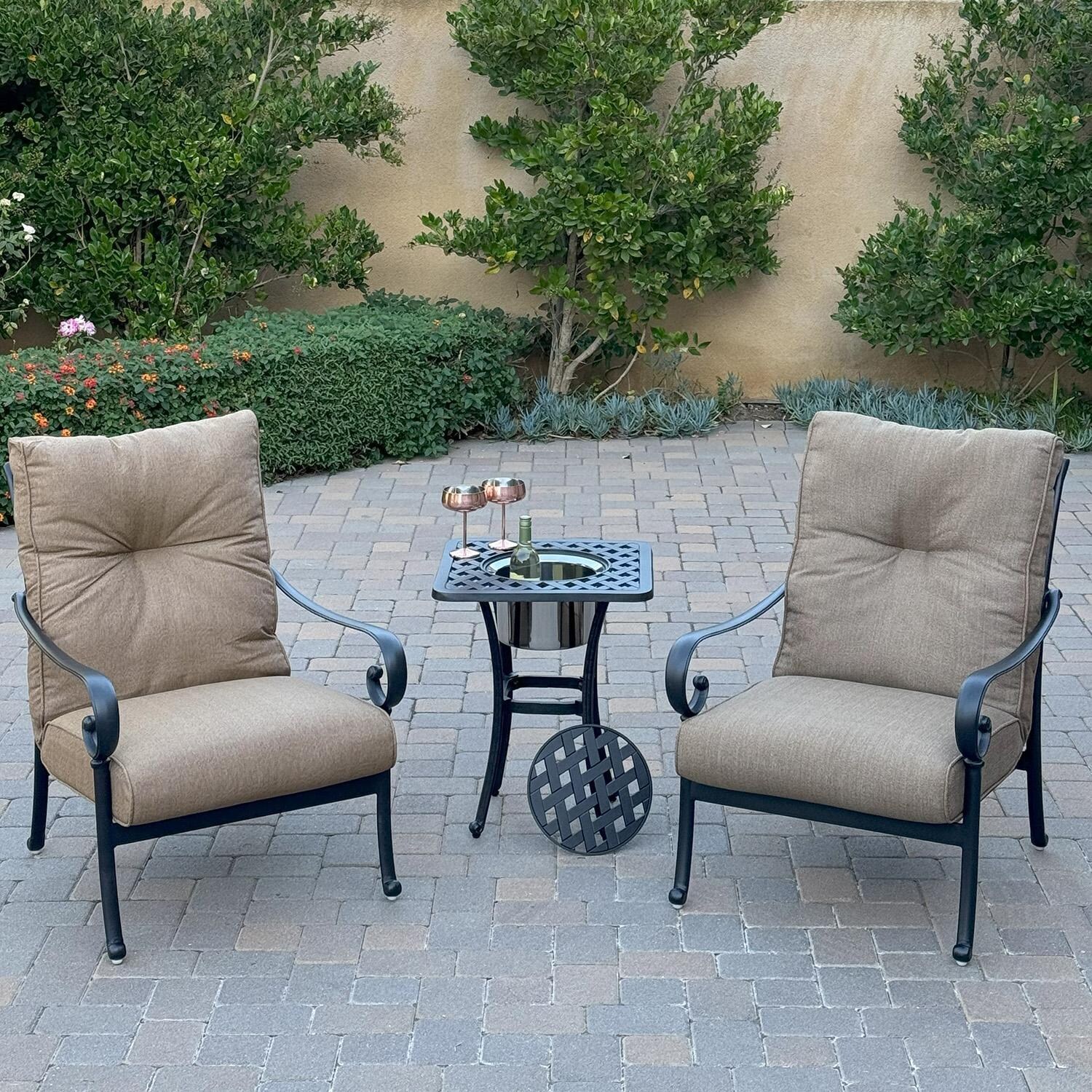 Santa Anita 3 Pc Cast Aluminum Bistro Set w/ Ice Bucket End Table in Antique Bronze/Heather Beige by Darlee - Lifestyle thumbnail