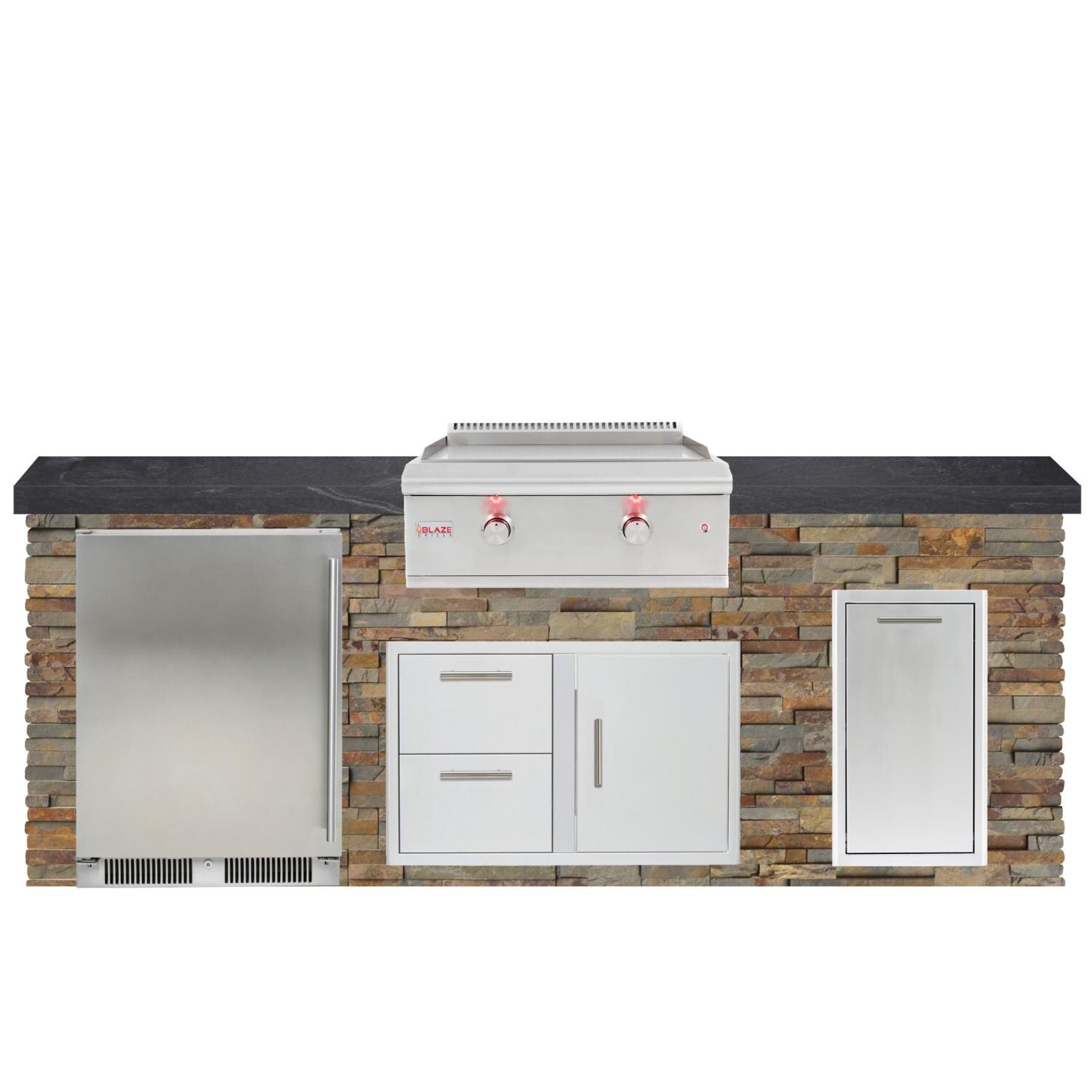 BBQGuys Signature 8ft Luxury Outdoor Island W/ Blaze Premium LTE 30-Inch Propane Griddle & Outdoor Rated Refrigerator - Gold Rush Stone W/ Black Polished Granite