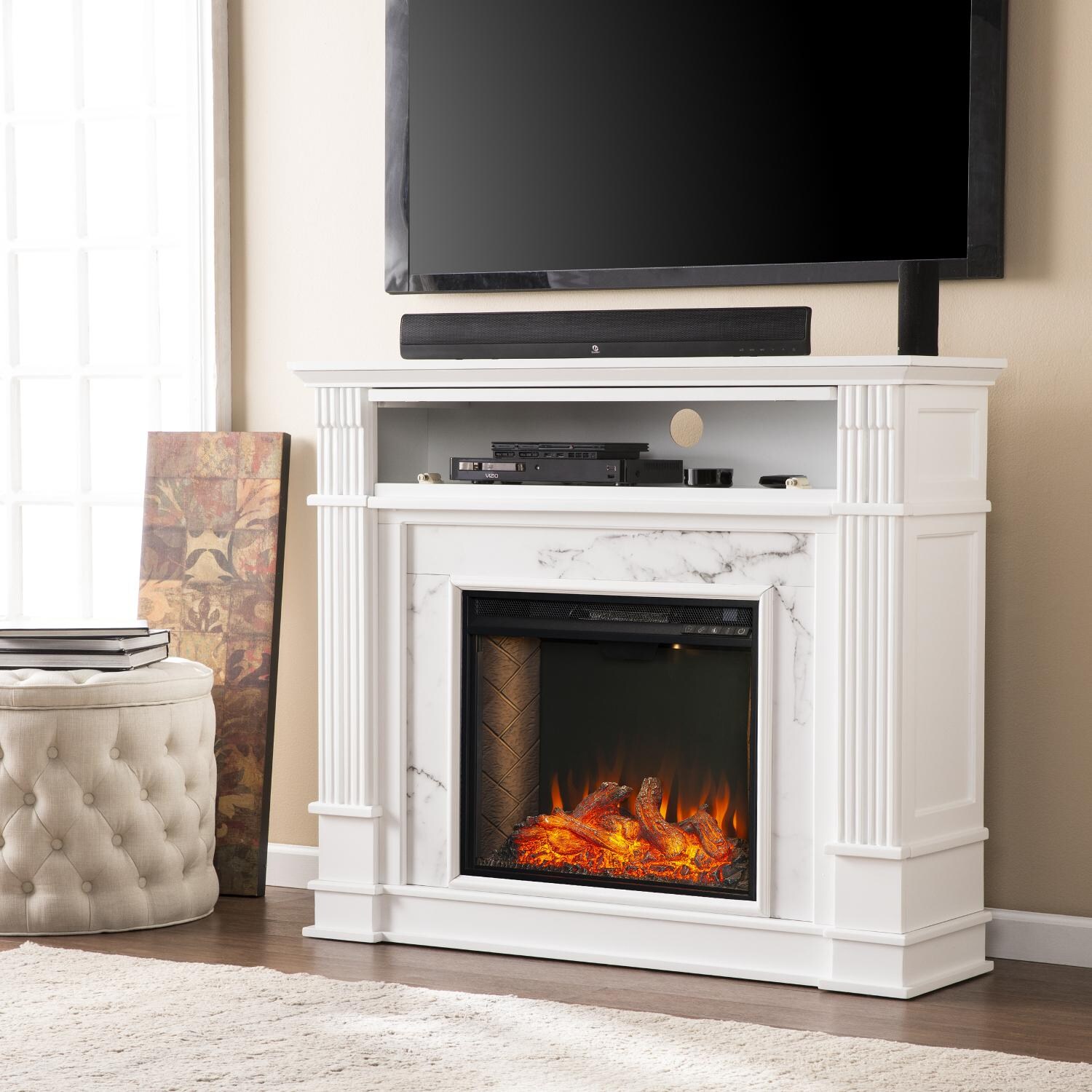 Southern Enterprises FS9322 Highgate 48-Inch Electric Fireplace W/ Alexa-Enabled Smart Firebox - White - Media Shelf Open thumbnail
