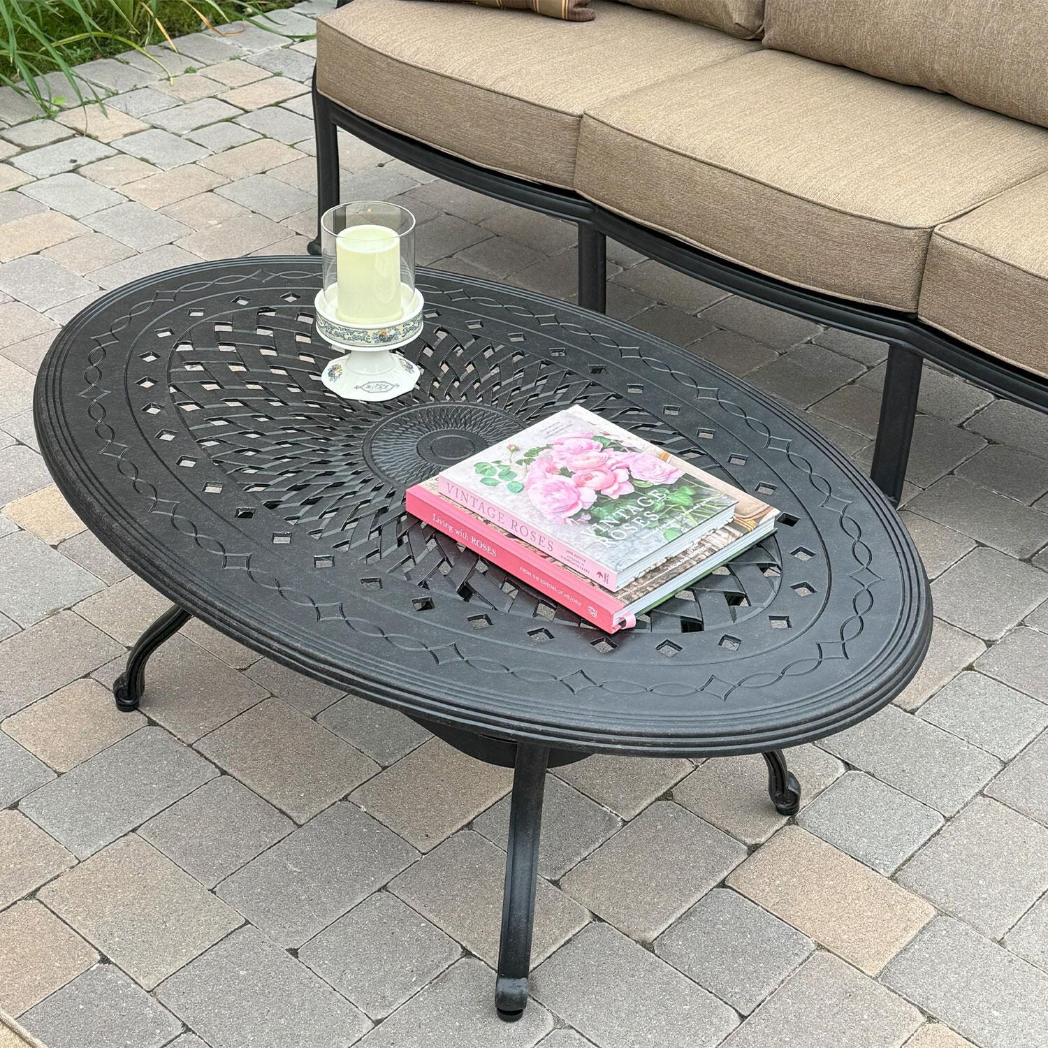 Darlee Cast Aluminum 46 X 31 Oval Coffee Table - Overhead View - Lifestyle thumbnail