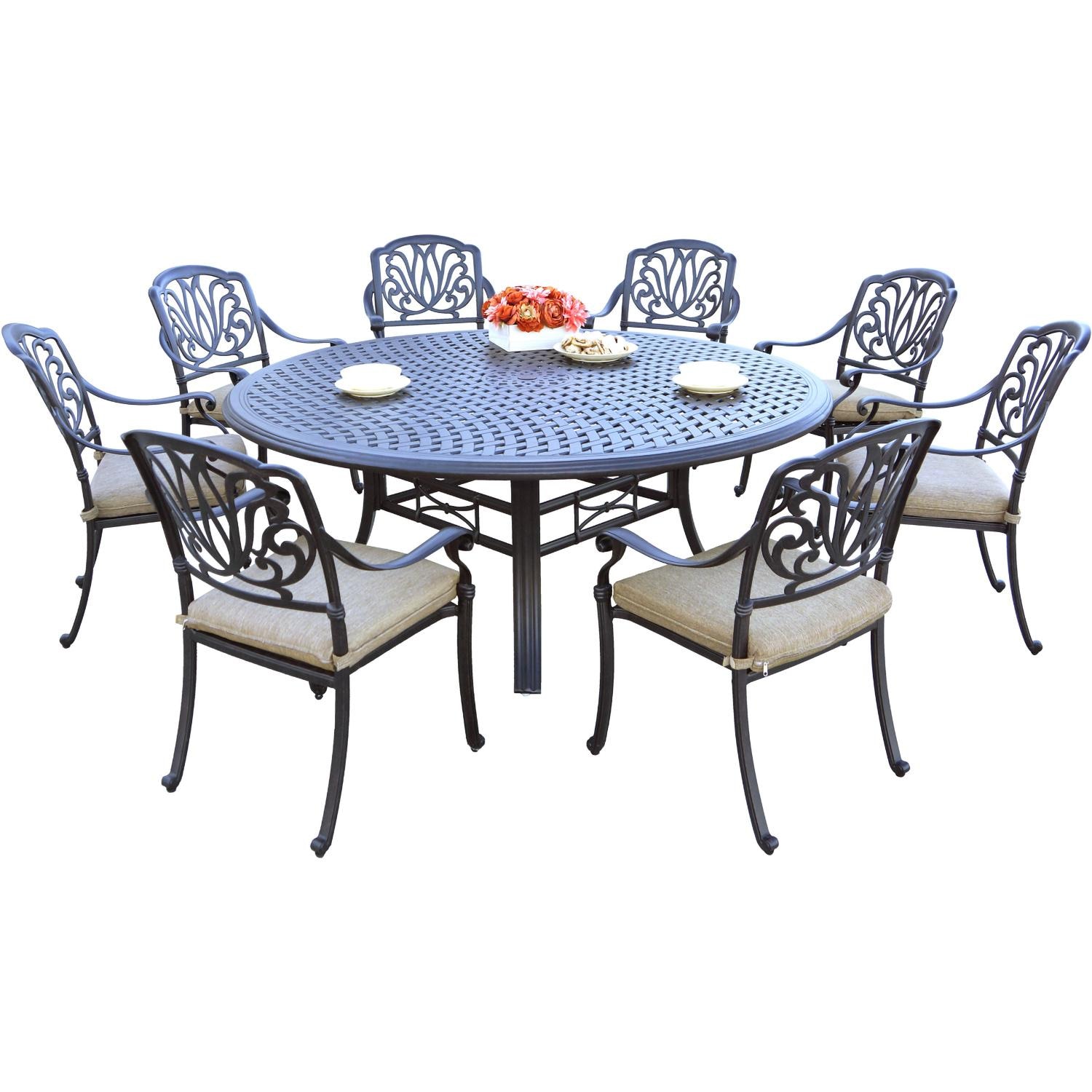 Darlee Elisabeth 9 Pc Cast Aluminum Dining Set w/ 71 Inch Round Series 99 Table in Antique Bronze/Beige - Set - White Background thumbnail
