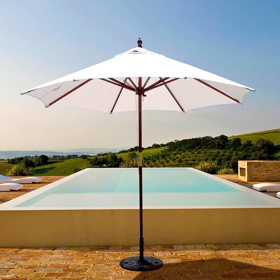 Galtech 9 Ft. Octagonal Patio Umbrella W/ Pulley Lift - Lifestyle View - Shown In Dark Finish W/ Natural Sunbrella Fabric (Umbrella Base Not Included) thumbnail