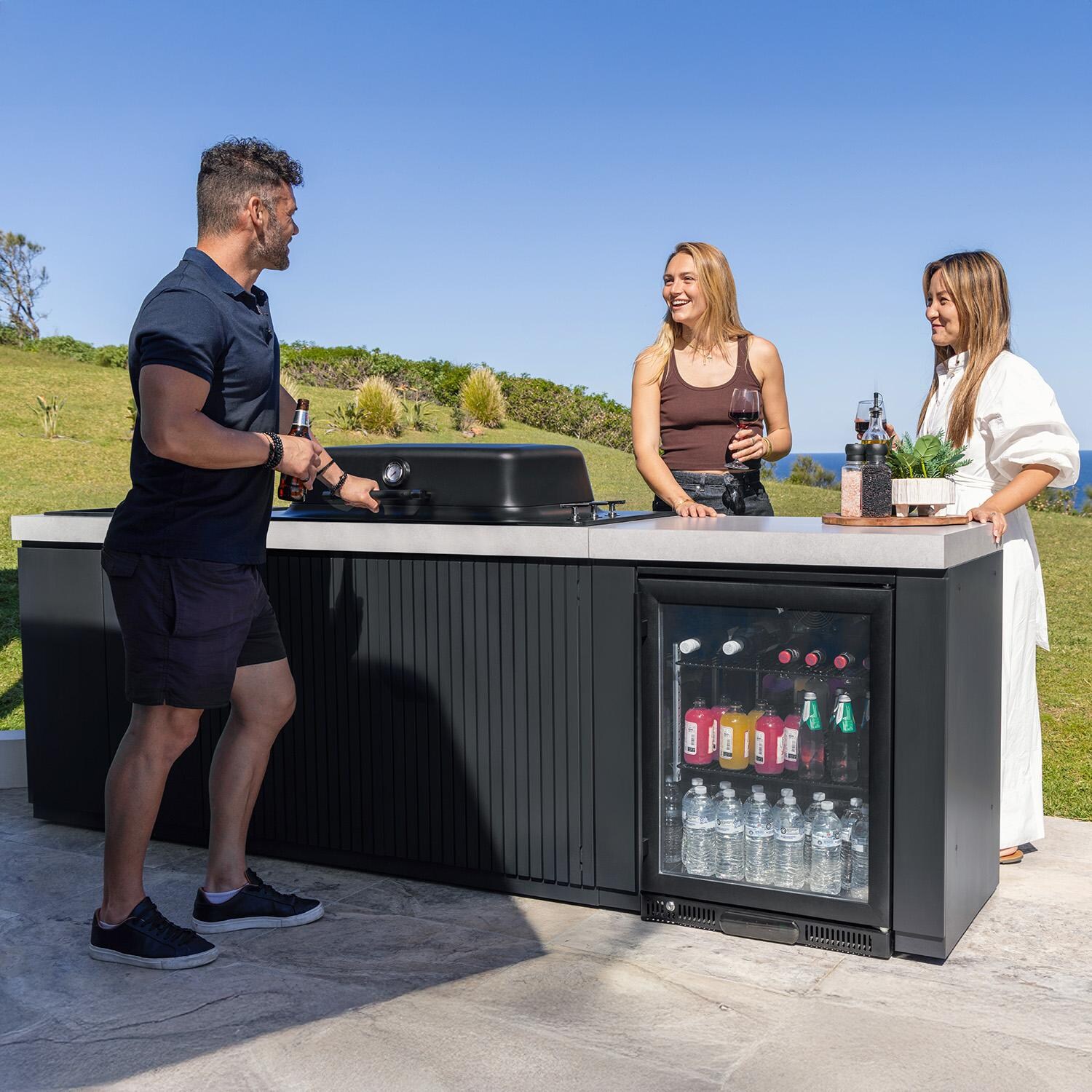 Everdure 9 Ft Outdoor Kitchen Island w/ Marine Grade Aluminum Cabinets in Black - On Patio Up Close - Lifestyle thumbnail