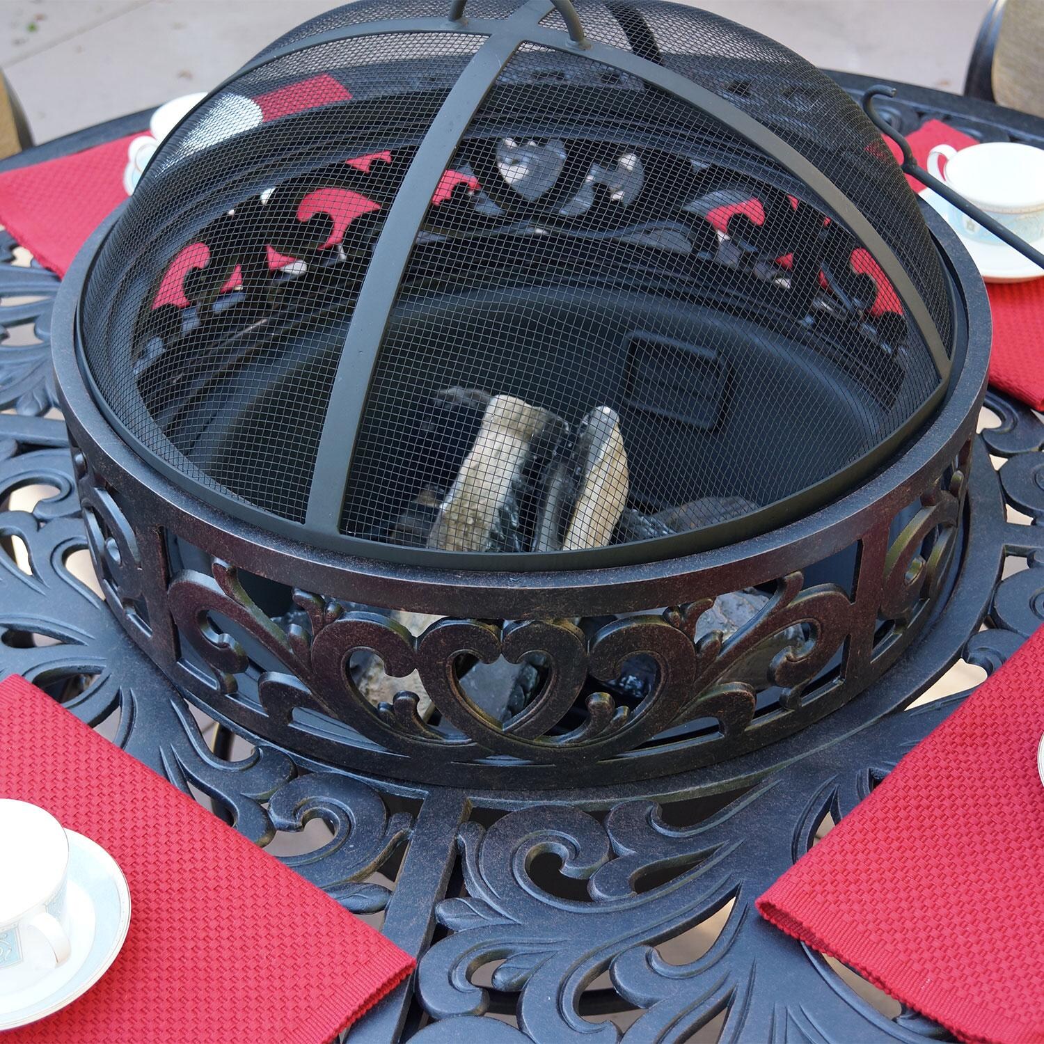 Darlee Nassau 5 Piece Cast Aluminum Patio Fire Pit Conversation Seating Set With 2 Swivel Rockers - Used as Fire Pit - Detail thumbnail