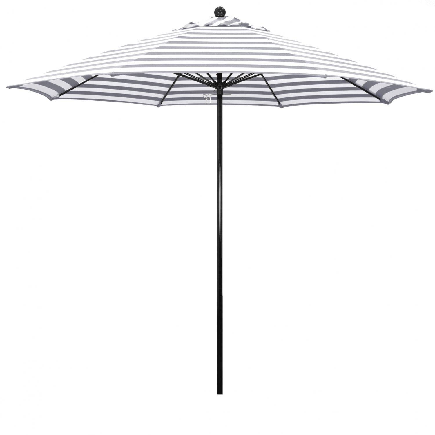 California Umbrella Oceanside Side 9 Ft Octagonal Fiberglass Patio Umbrella W/ Push Lift - Black Frame / Olefin Gray White Cabana Stripe Canopy thumbnail