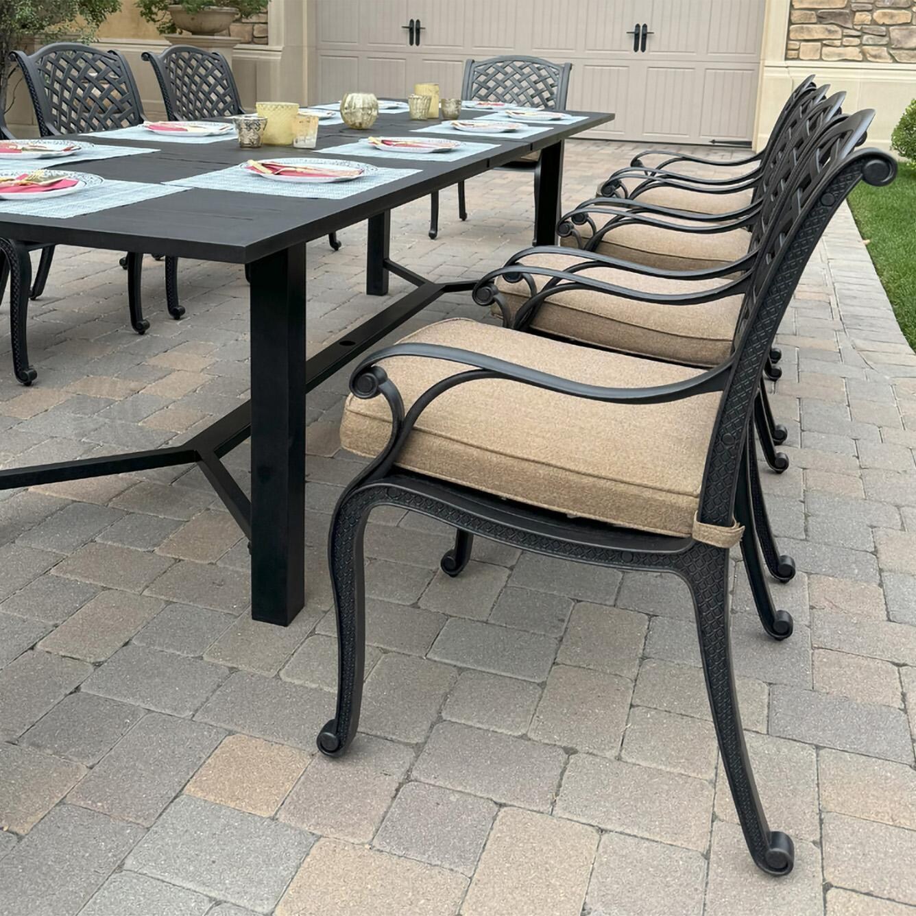 Darlee DL13-11PCD-2350LE-S Nassau 11 Pc Cast Aluminum Dining Set in Antique Bronze w/ Sesame Cushions - Chair Angle - Lifestyle thumbnail