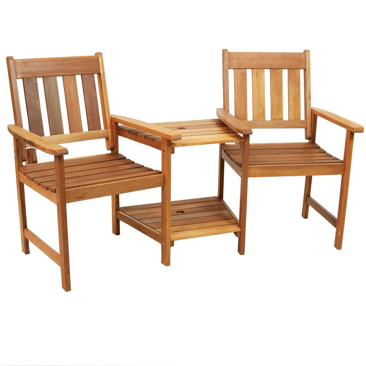 Ultimate Patio 65-Inch Meranti Wood Jack-and-Jill Chairs W/ Attached Table - Full View thumbnail