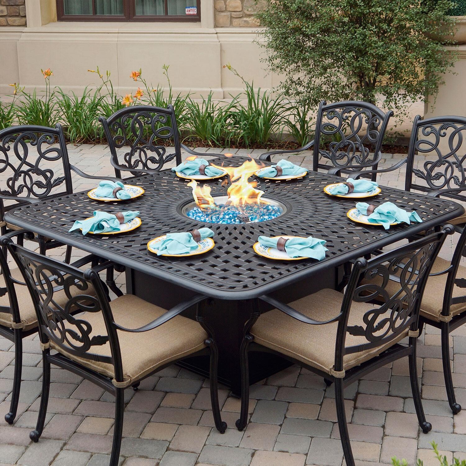 Signature 64 Inch Square Cast Aluminum Propane Fire Pit Dining Table in Antique Bronze by Darlee - With Seating Set - Lifestyle thumbnail