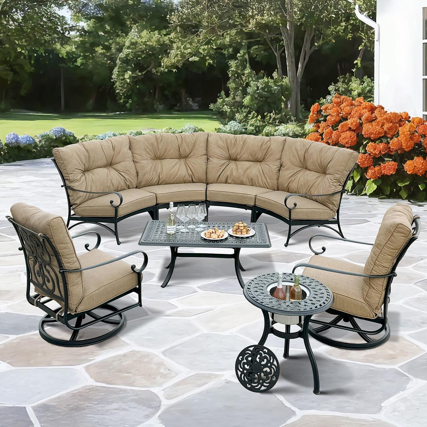 Santa Anita 8 Pc Cast Aluminum Seating Set w/ 48 Inch Series 88 Ice Bucket End Table & Swivel Rockers in Antique Bronze/Linen Sesame by Darlee