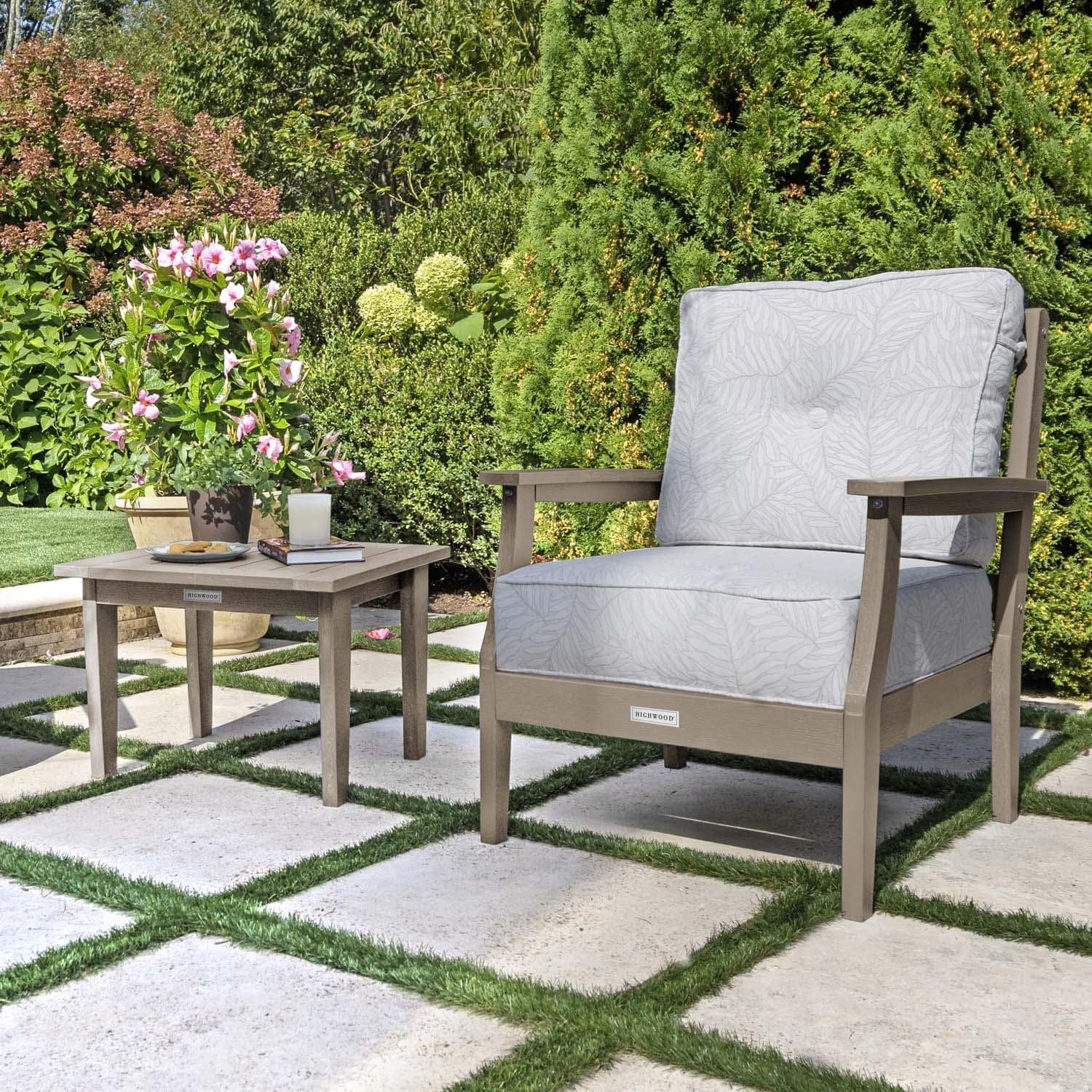 Blushing Bay 3 Pc Recycled Plastic Seating Set in Lively Parchment/Woodland Brown by Lakeview Outdoor Designs - Close Up - Lifestyle thumbnail