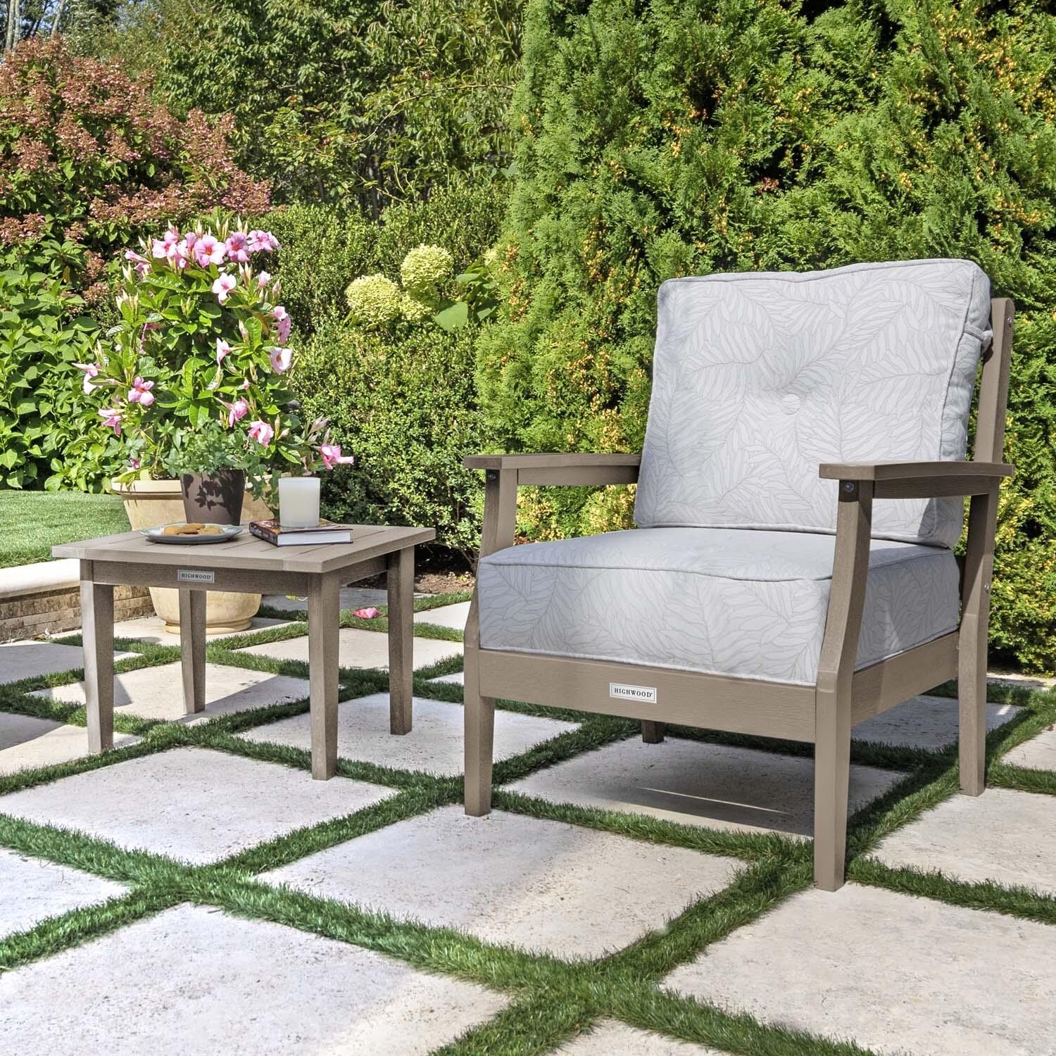Blushing Bay 3 Pc Recycled Plastic Seating Set in Lively Parchment/Woodland Brown by Lakeview Outdoor Designs - Close Up - Lifestyle thumbnail