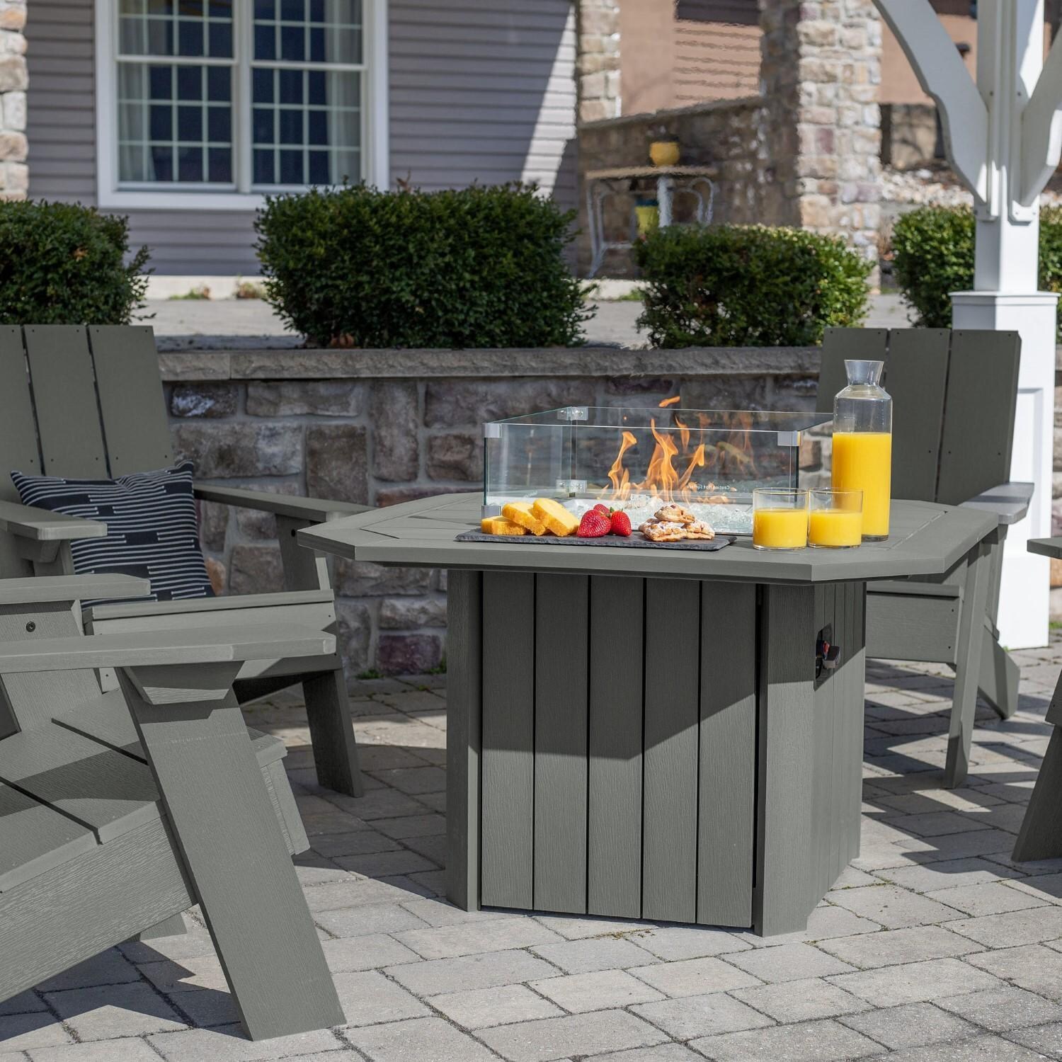 Harborview 5 Pc Adirondack Set W/ Fire Pit Table in Coastal Teak by Lakeview Outdoor Designs - Fire Pit Table Close Up - Detail thumbnail